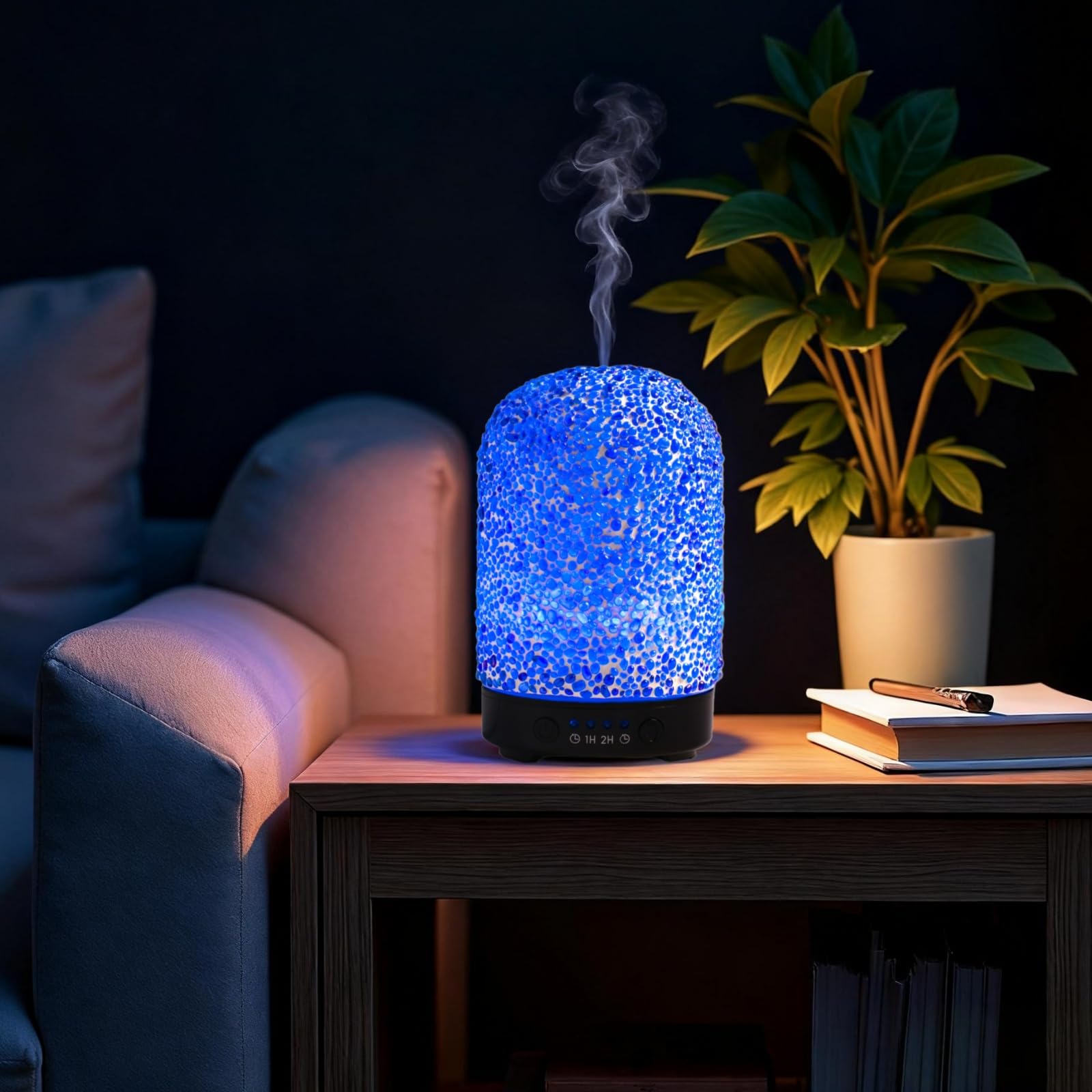 VOREEN Diffusore di aromi con vetro a mosaico incollato manualmente, nebulizzatore a ultrasuoni per oli essenziali con luce a LED e timer, diffusore di profumo per camera da letto, ufficio