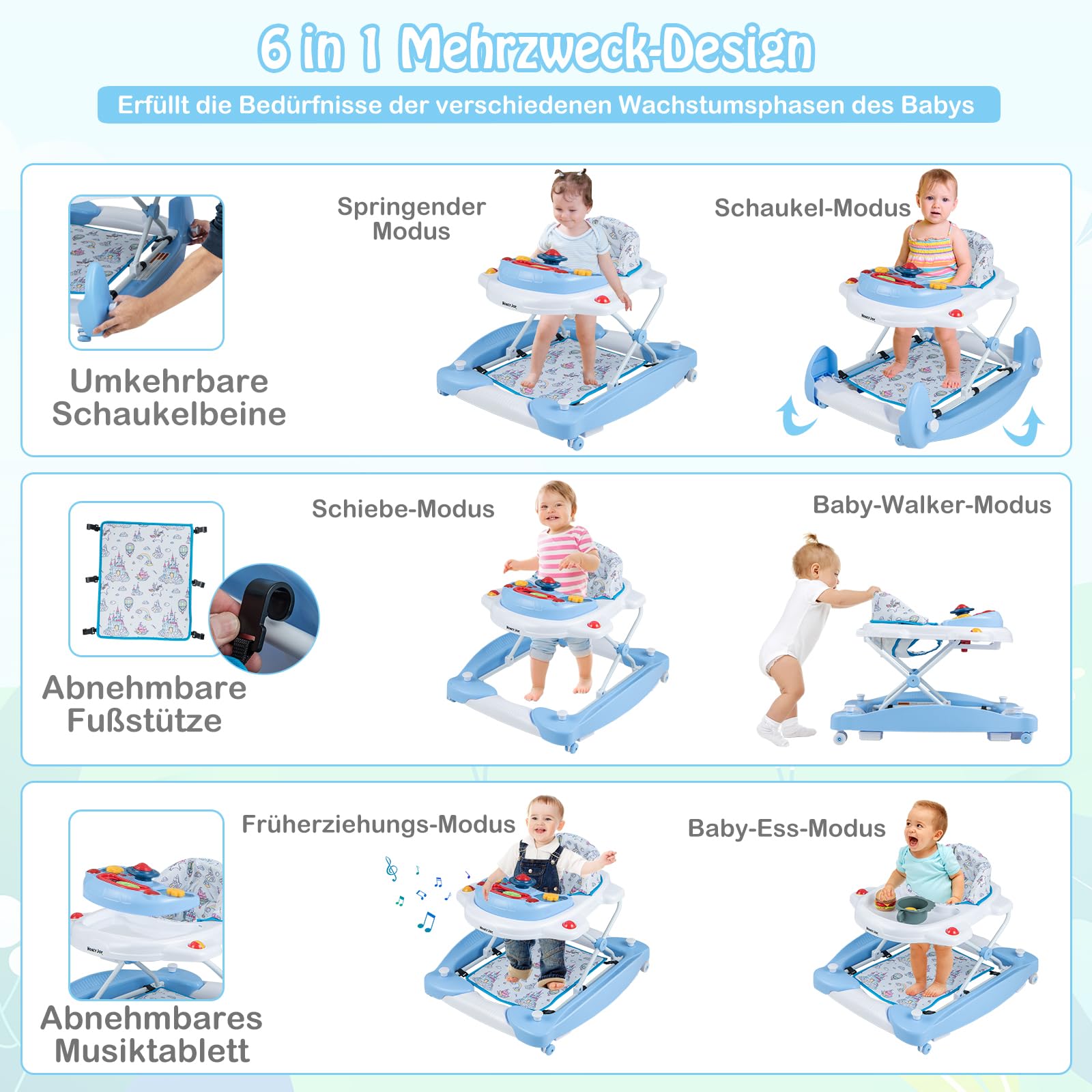 GOPLUS 6 in 1 Lauflernwagen, Lauflernhilfe faltbar mit Rädern, Baby Walker mit Fußkissen, Lichtern, Musik, Spielzeug & 3 verstellbare Höhen, Gehfrei für Baby ab 6 Monate, belastbar bis 12KG (Blau)