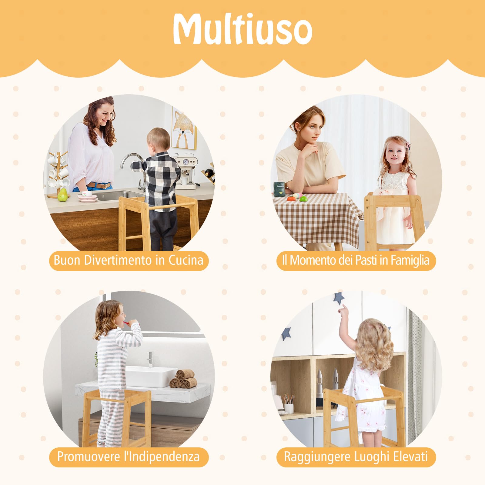 COSTWAY Torre Montessoriana in Bambù, Torre di Apprendimento con 4 Altezze Regolabili, Barra di Sicurezza e Piedini Antiribaltamento, Sgabello da Cucina per Bambini 18+ Mesi