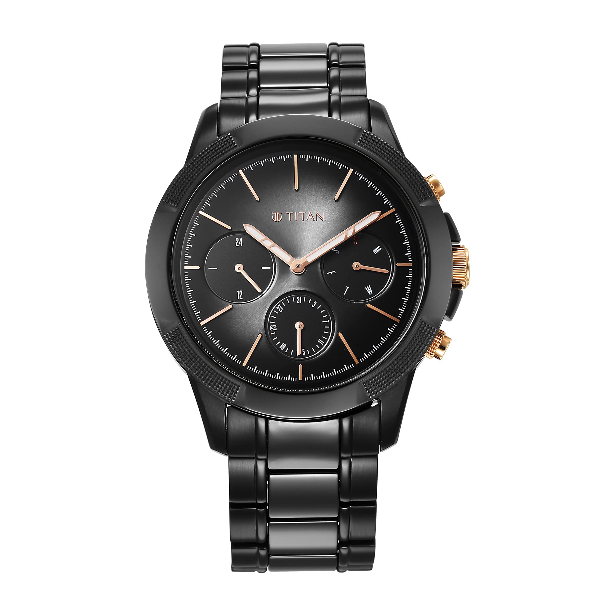 TitanRegalia Quartet Black Dial Analog with Day and Date Steel and Ceramic Strap Watch for Men-NS90090KD03/NT90090KD03