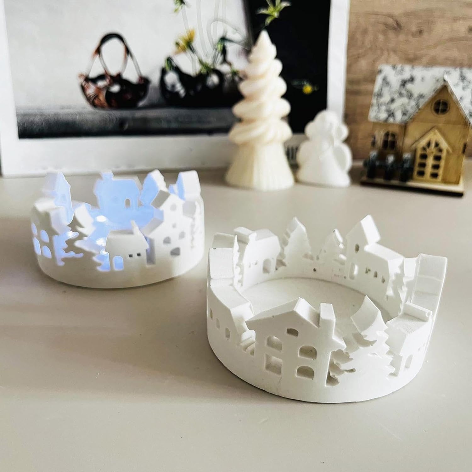 Tea Light Candle Holder Silicone Molds for Epoxy Resin,Christmas House Tree Plaster Mould - House Tree Silicone Molds for Concrete Gypsum Mold