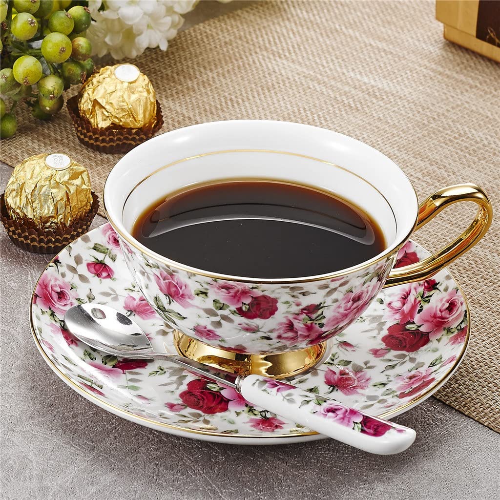 Kwiatowy wzór europejski styl porcelana kostna popołudniowa herbata kubek do kawy zestaw upominkowy z spodkiem i łyżką i podstawką żelazną