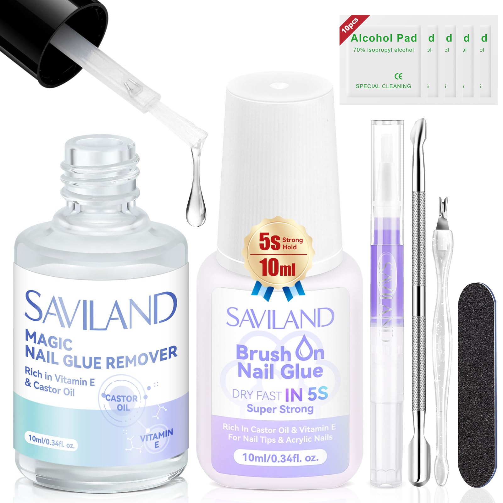 SAVILAND Nail Glue Remover With Nail Glues Cuticle Oil Pen for Press On Nails Glues 5s Dry Super Strong, Castor Oil VE Fast & Gentle for Acrylics