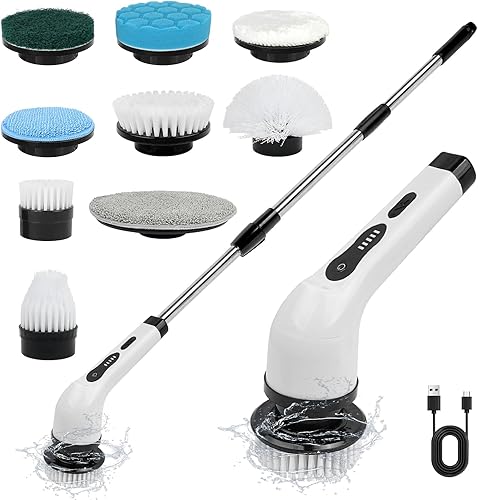 Depurador eléctrico inalámbrico giratorio de 360 grados con 9 cabezales de cepillo de limpieza reemplazables, tiempo de trabajo de 90 minutos para