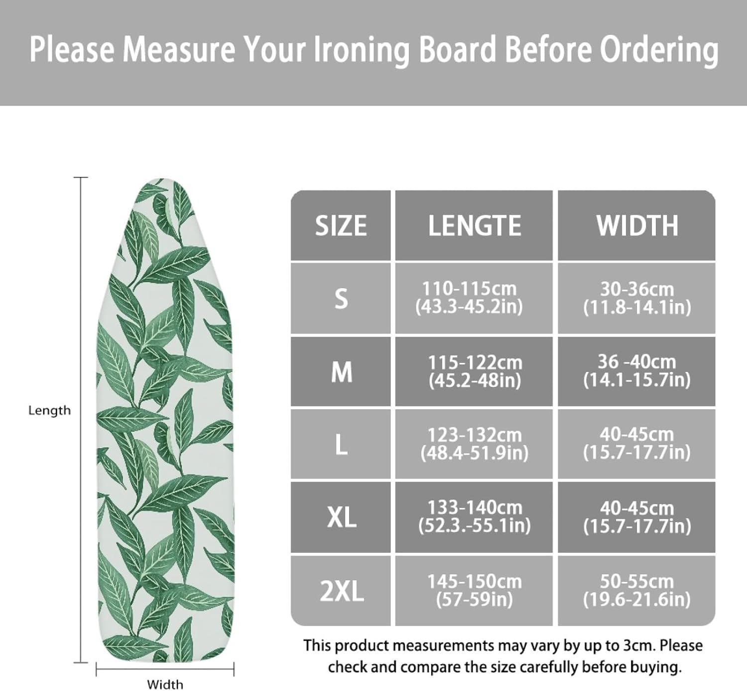 Ironing Board Cover 14x48 Green Wave Leaf Iron Board Cover with Padding Heat Reflective,Scorch Resistant Thick Padding,Snug Fit Non-Slip Nose Pocket Fastener Straps Elastic Edges