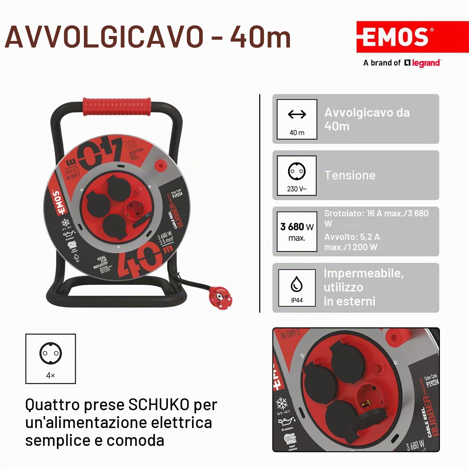 EMOS - Avvolgicavo 40 m in lamiera d'acciaio - 4 prese Schuko - impermeabile, resistente agli urti, all'olio e agli agenti atmosferici - 230 V, 16 A, 3680 W - isolamento in gomma - H07RN-F 2,5 mm2