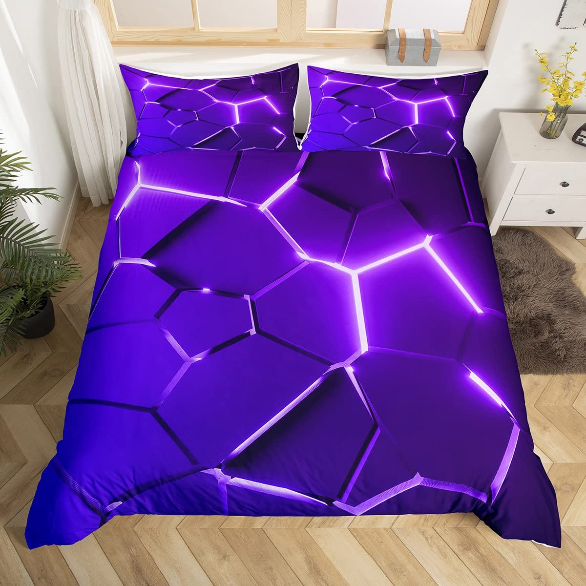 Homemissing Honeycomb Duvet Cover Purple Hexagonal Bedding Set Beehive Geometrical Plaid Bedding for Boys Girls Children Teens Bedroom Decor Reticulated Bedspread Cover Super King Size
