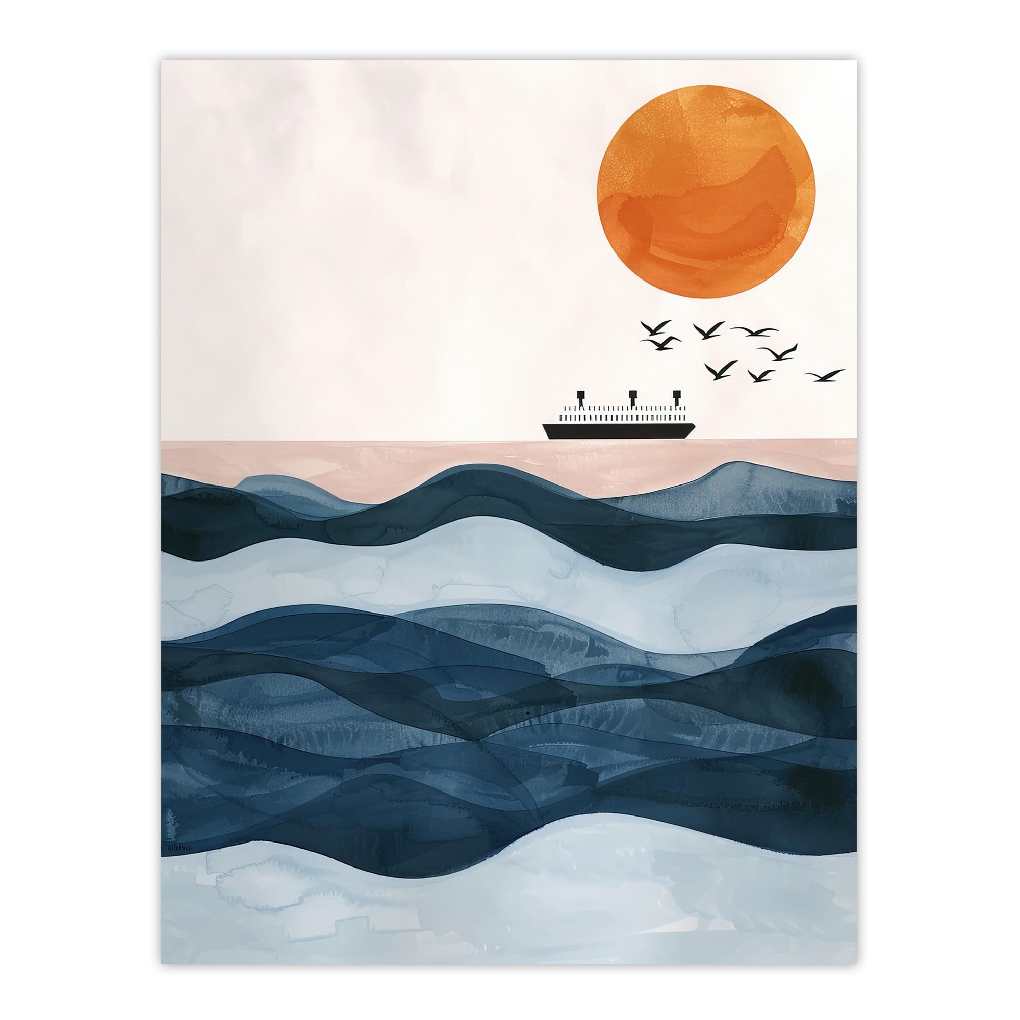 Artery8 Ocean Liner Ship Seagulls Over Sea Waves Wall Art Print Blue W18" x H24"