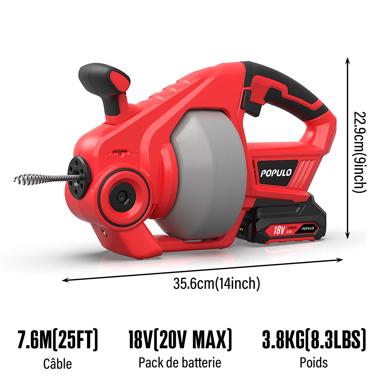 18V(20V MAX) Furet Déboucheur de Canalisation, Arbre Flexible de 7,6m Tarière de Vidange, Adapté au Diamètre du Tuyau de 19-76mm, Idéal pour le Drainage pour la Salle de Bain, l'Égouttement et l'Évier