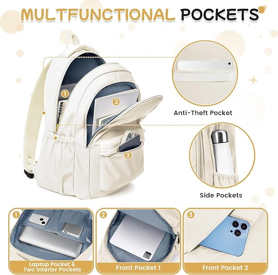 HYC00 School Backpack for Teenagers Womens Lightweight School Bag for Girls Boys College Backpack Women Men Water Resistant 14 Inch Laptop Rucksack Anti Theft Casual Travel Work Bags Pack Back,Beige