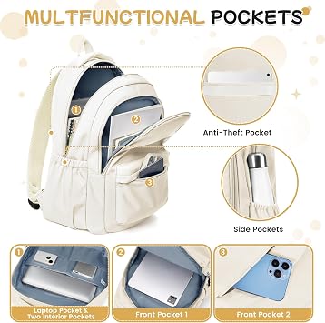 HYC00 School Backpack for Teenagers Womens Lightweight School Bag for Girls Boys College Backpack Women Men Water Resistant 14 Inch Laptop Rucksack Anti Theft Casual Travel Work Bags Pack Back,Beige