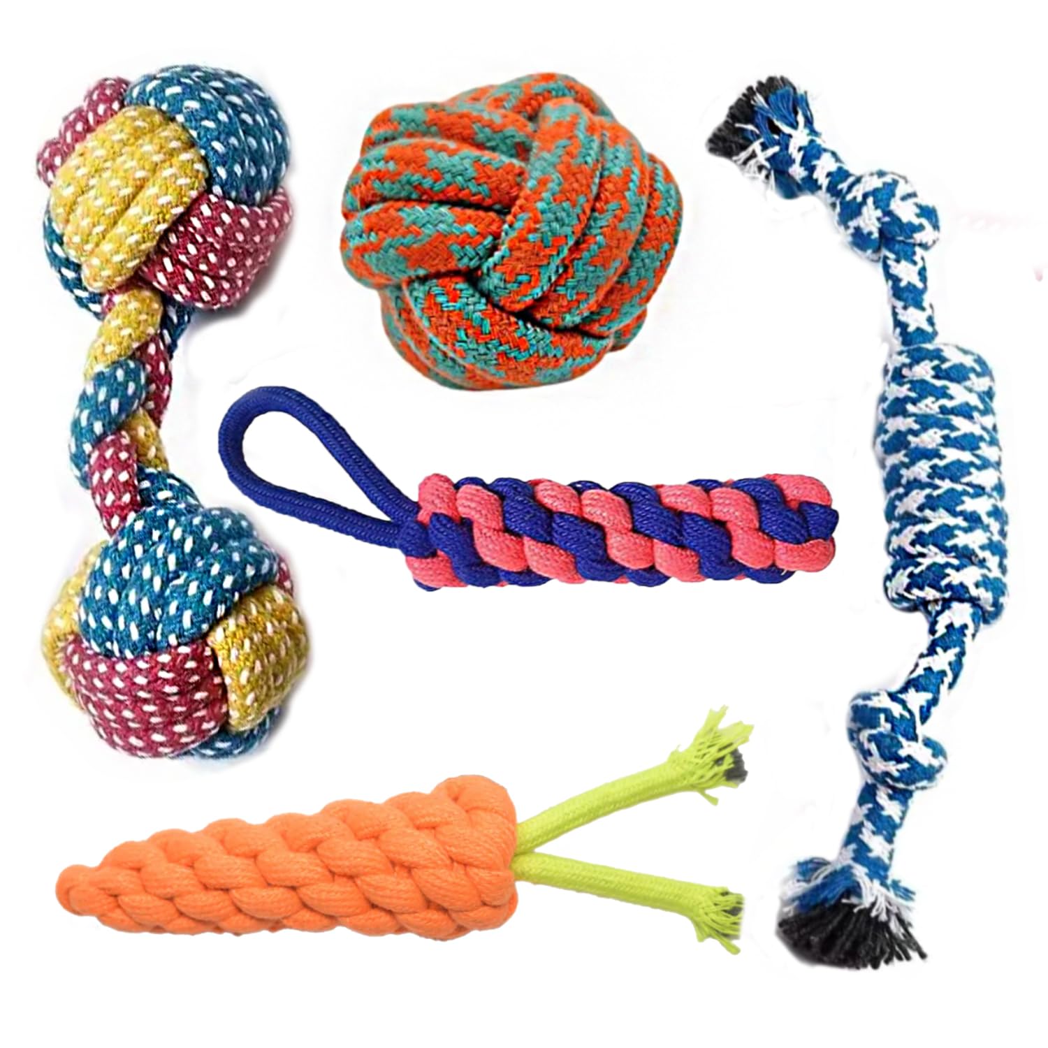 emily pets 5 in 1 Chew Cotton Rope Toy Combo for Small Dogs and Puppies | Teething and Training Toys Cotton Ball, Dummy and Carrot Rope, Strip Toffee, Dumbbell Rope (Colors May Vary) (Pack of 5)