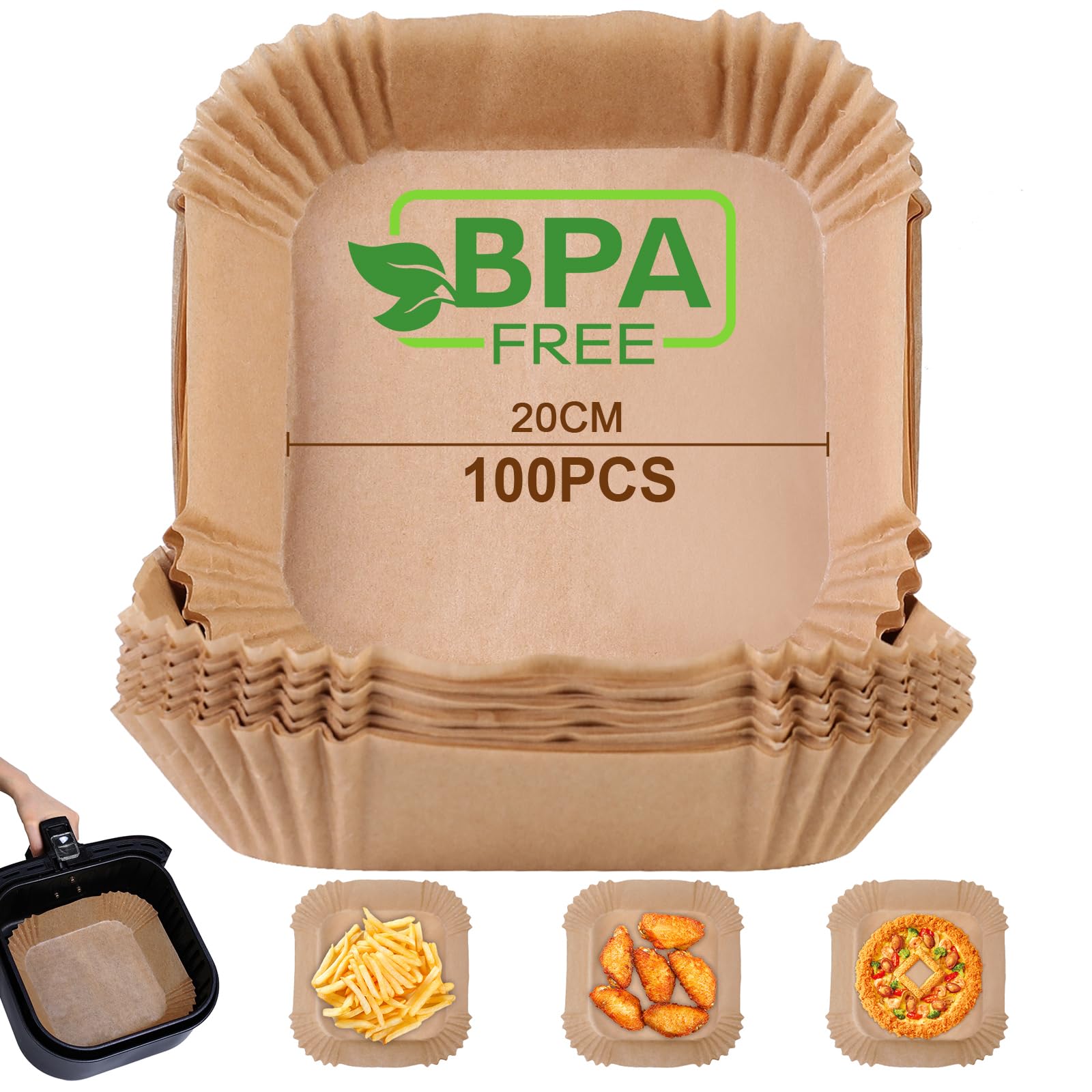 AiQInu Papel Freidora Aire Cuadrado, 100 Piezas 20-24 cm Food-Grade BPA free Papel Pergamino Desechable, Papel Horno de Aceite Antiadherente para 4.5-6L Freidora de Aire y Microondas Global Recycled Standard Global Recycled Standard Global Recycled Standard