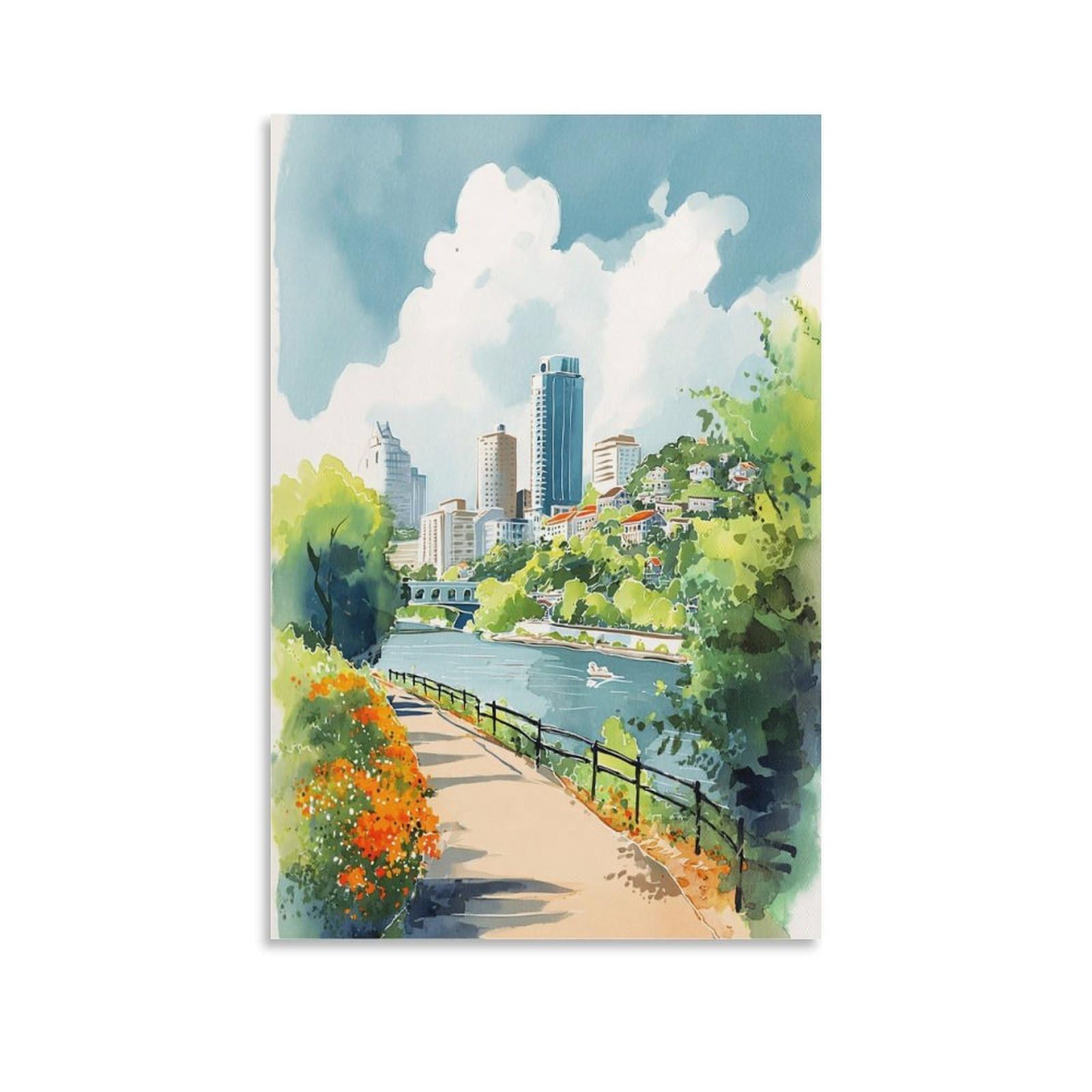 LCYNNH Austin Texas Skyline Watercolor Print_ Travel Posters 08x12inch(20x30cm) Print Home Bedroom Office Living Room Decor Canvas