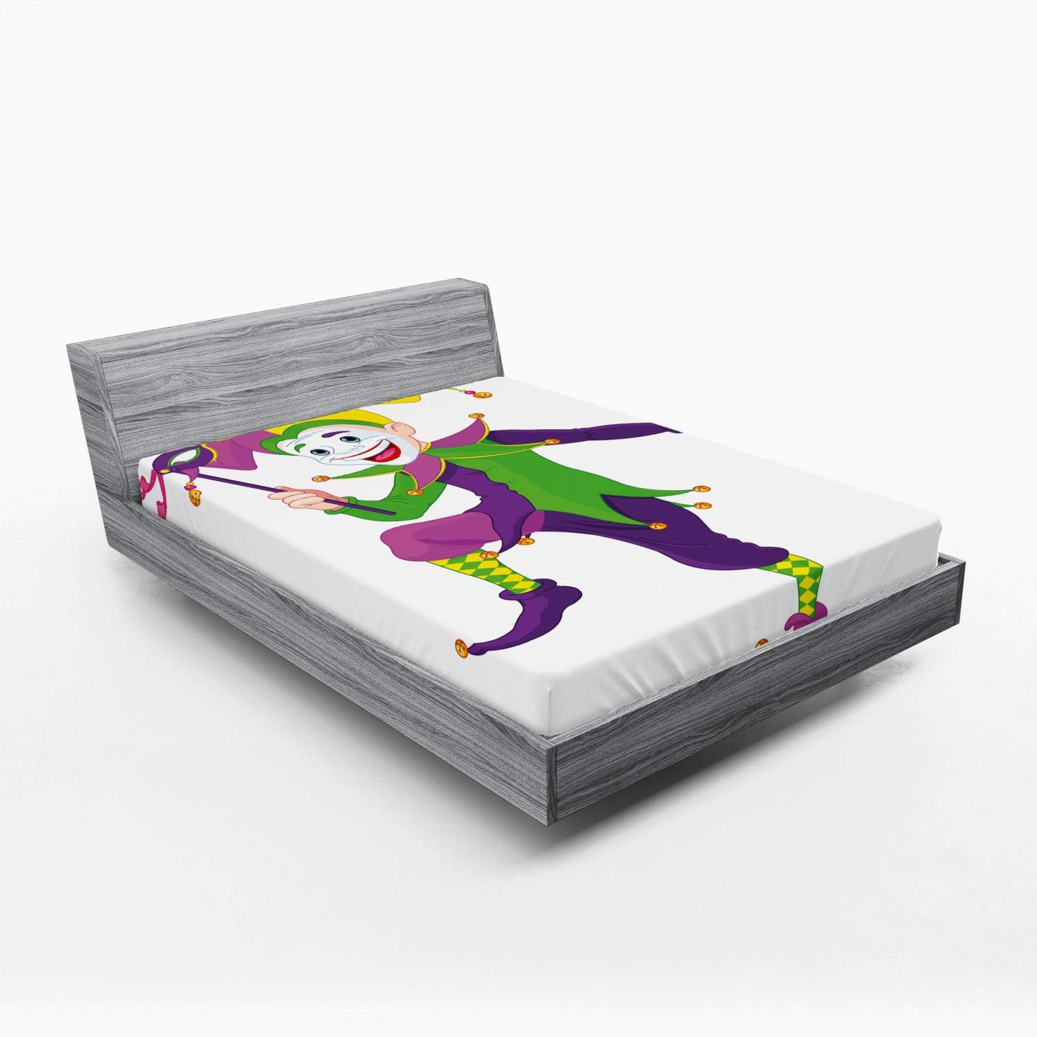 Ambesonne Mardi Gras Fitted Sheet, Cartoon Style Jester in Costume with Happy Dancing Party, Bed Cover with All-Round Elastic Deep Pocket for Comfort, California King, Multicolor