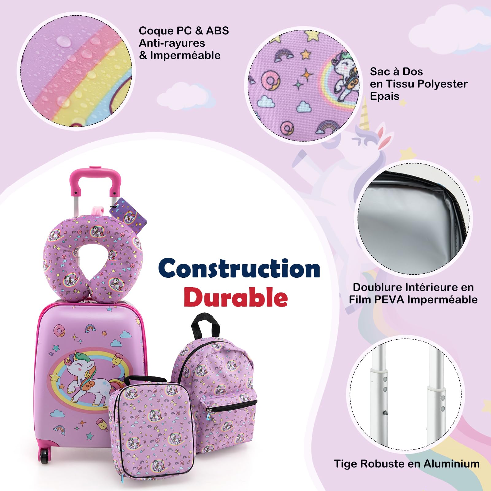 DREAMADE Valise Enfant 16" et Sac à Dos 13" avec Oreiller Cervical&Sac-Repas Isolé&Étiquette,Bagage à Main Enfants 5 Pièces avec 4 Roues à 360°,Ensemble Valise Roulette Garçon Filles (Licorne Rose)