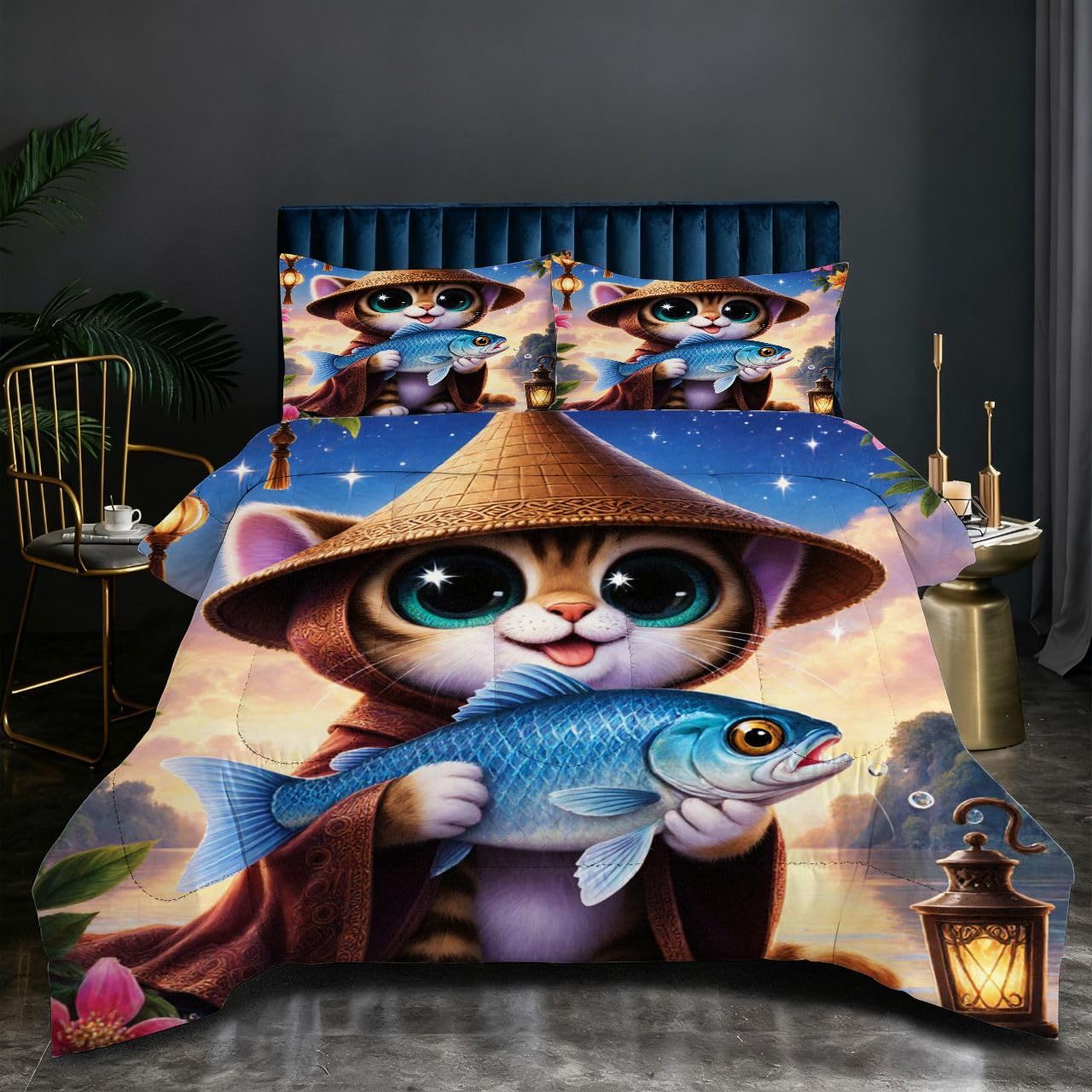 Couette 160x200 cm Chat Pêcheur avec 2 taies d'oreiller 65x65 cm pour lit deux personnes