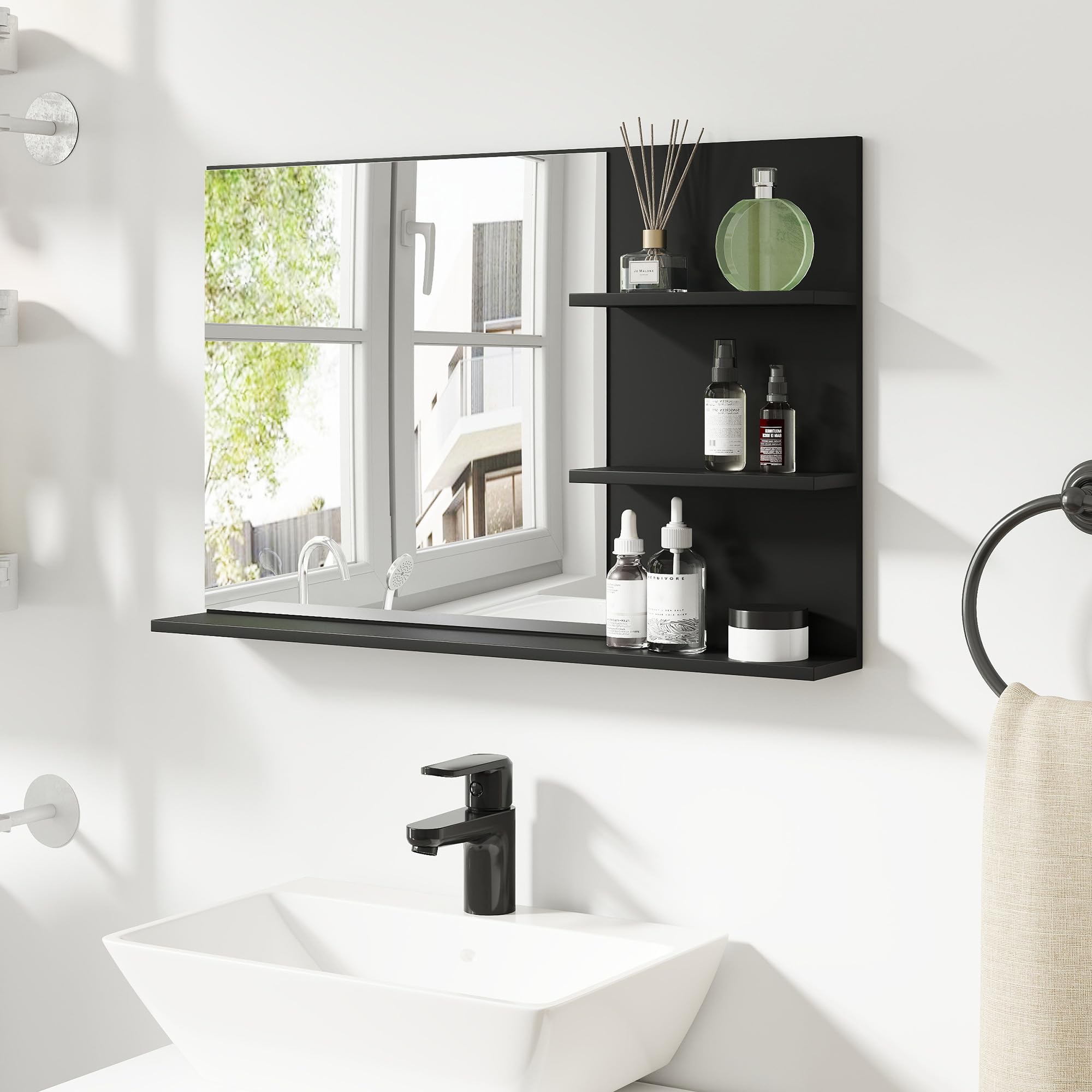 kleankin Miroir de Salle de Bain Moderne avec 2 étagères latérales et Une étagère inférieure, Miroir Mural en MDF et Verre, 75x10x48 cm, Noir