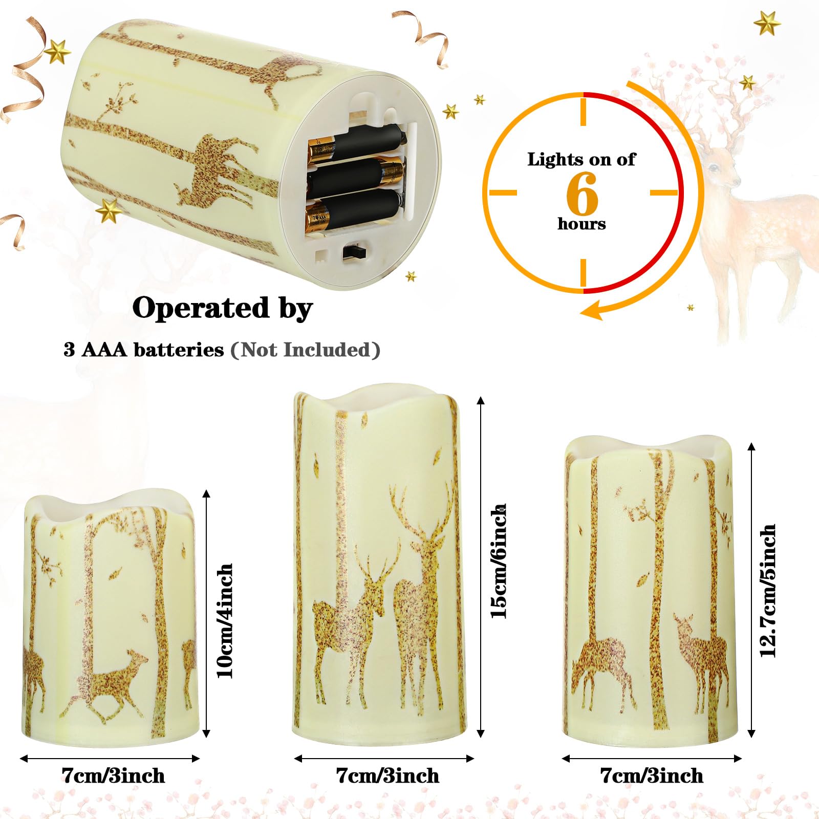 VIHOSE 3 Pcs Christmas Flickering Flameless Candles Battery Powered LED Pillar Candles Realistic Deer Decor Gold Deer Decal Warm Light for Christmas Home Decor
