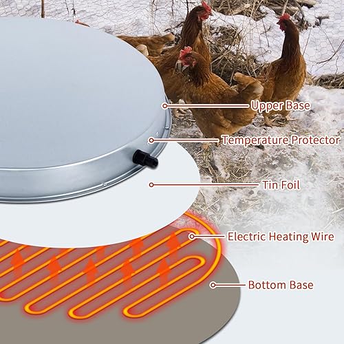 Miniatura 7 de Calentador de agua de pollo de 15 pulgadas, base grande de agua para aves de corral calentada de 125 vatios para 5 galones, con termostato y cable