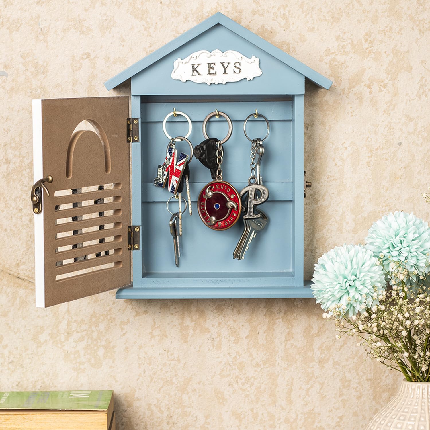 Market99 House Shape Blue and White Key Box | Wall Key Holder I Wall Mount Wooden Multipurpose Organizer for Home Decor | Plain Matte Key Oragnise-image-32