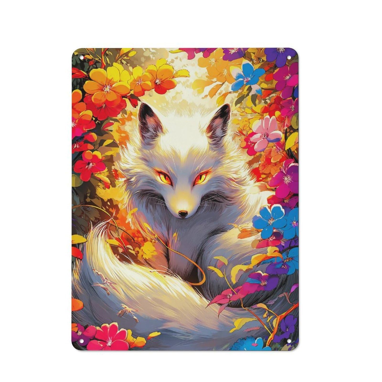 Junmoney Floral Fox Portrait Tin Wall Plaque 40X30cm With For Home Bar Wall, For Hosts Who Enjoy Retro Interiors