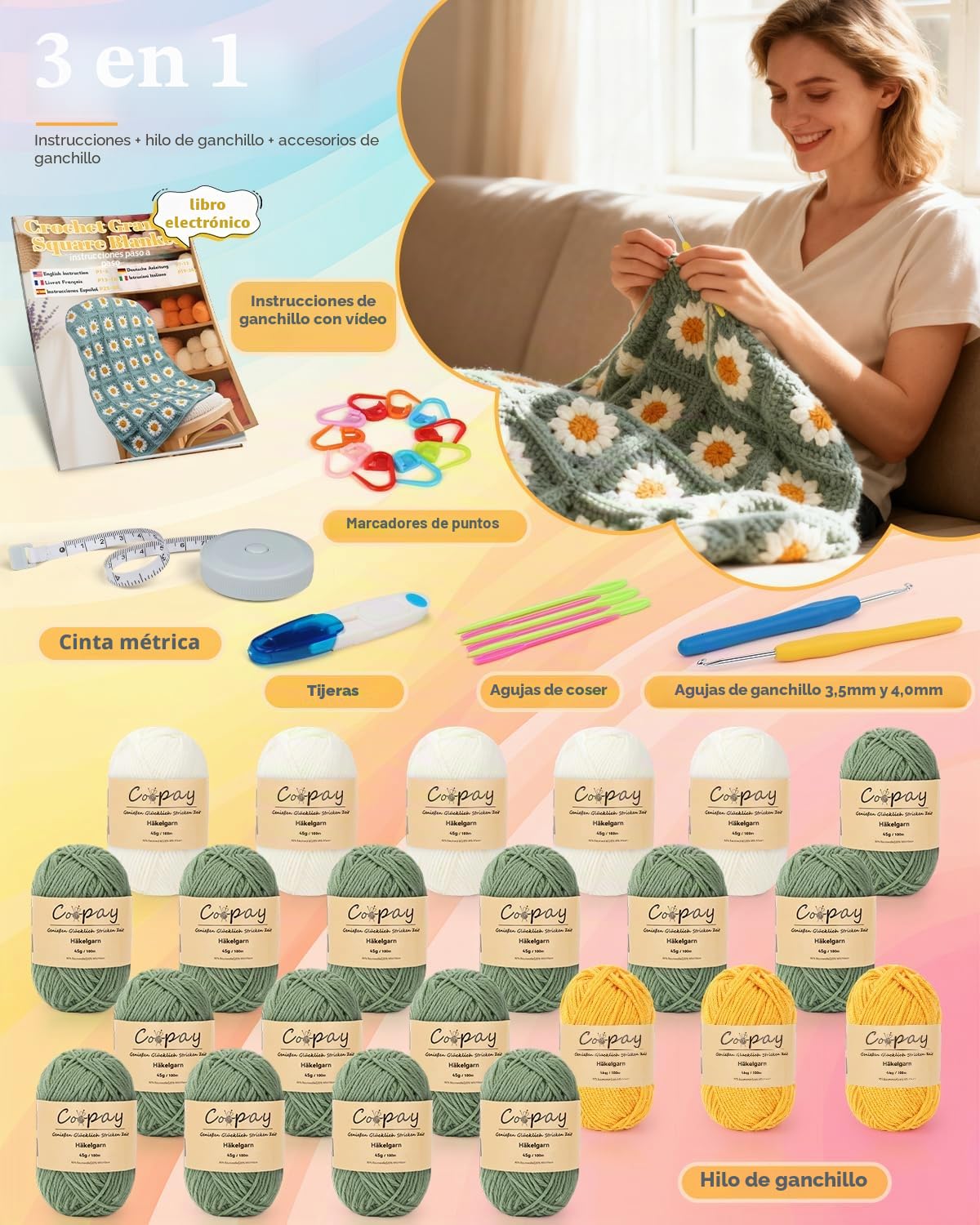 Coopay Juego de ganchillo Granny Square para principiantes, juego de ganchillo para manta de margaritas, juego de ganchillo completo con aguja de ganchillo, hilo de ganchillo, juego de ganchillo con