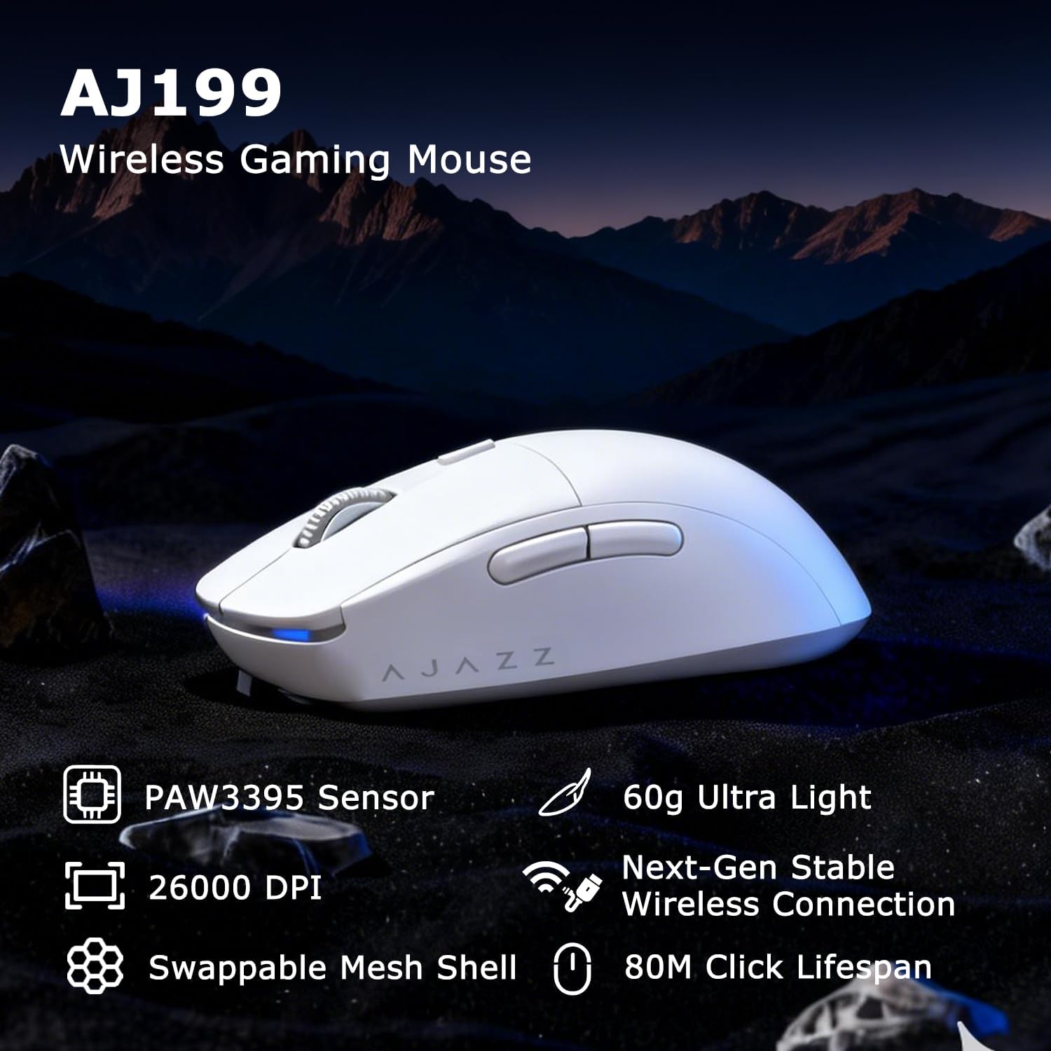 FIRSTBLOOD ONLY GAME. AJ199 Wireless Gaming Mouse, PAW3395 Sensor 26000 DPI, 60g Ultra-Lightweight with Interchangeable Shell, 80M Clicks, 50+ Hours Battery, for FPS/MOBA Gaming (White)