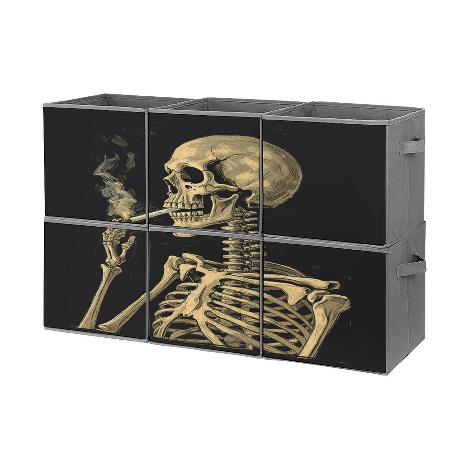Btcowzrv Style A Skeleton With Burning Cigarette Storage Cubes, 6 Pack Oxford Fabric Foldable Collapsible Bins With Handles, Cubby Storage Baskets Boxes For Closet Shelves Office Organization