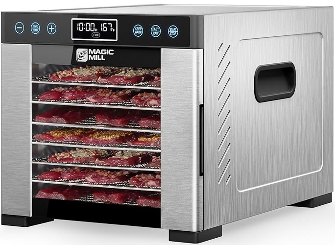 Magic Mill Pro Food Dehydrator Machine | 7 Stainless Steel Trays | Dryer for Jerky, Dog Treats, Herb, Meat, Beef, Fruit | Keep Warm Function, Digital Timer and Temperature Control, ETL Approved - 7 Large Stainless Steel Trays