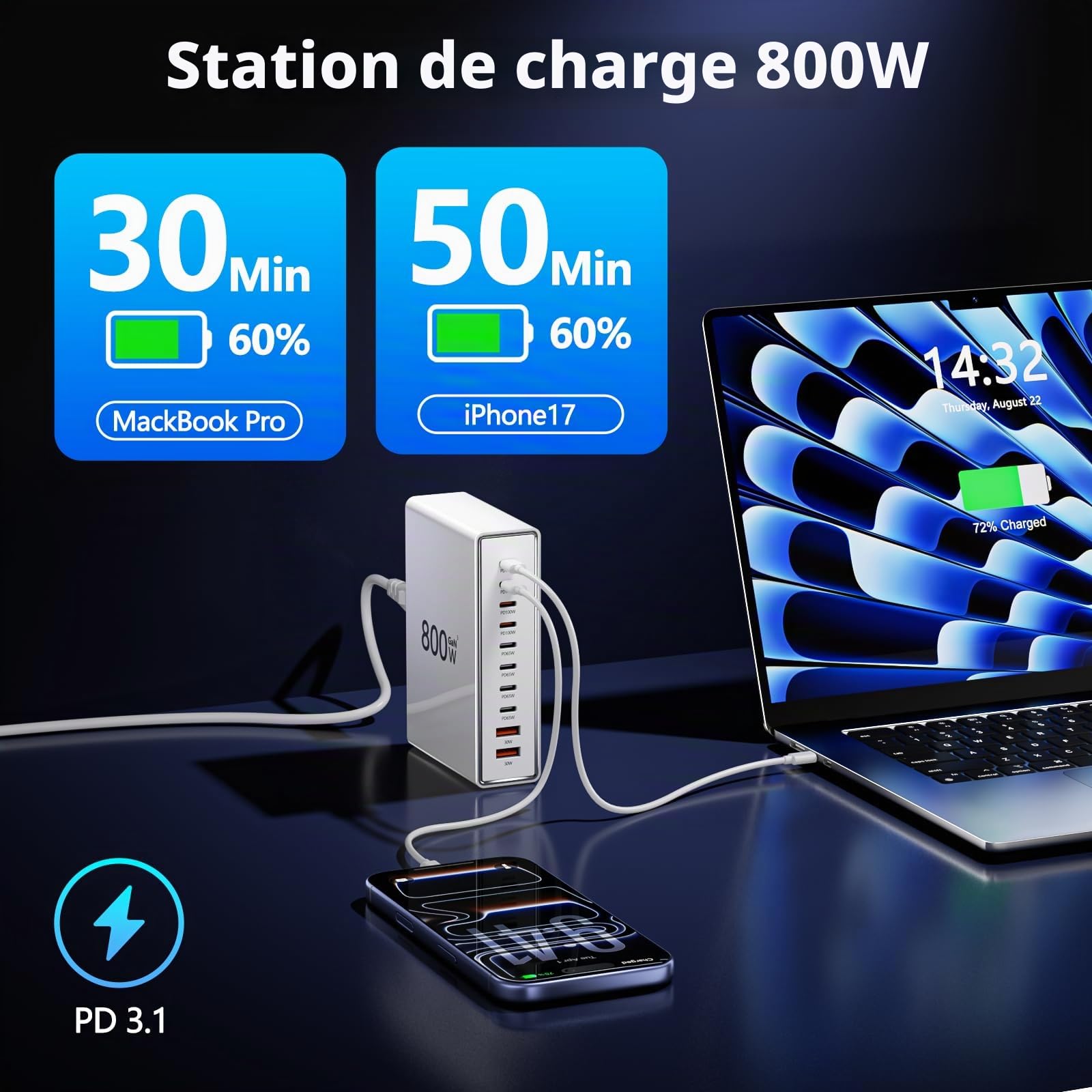Chargeur USB-C 800W, 10 Ports – 8X USB-C + 2X USB-A, Double PD PPS, Compatible MacBook Pro/Air, iPhone 16/15/14, Galaxy S25/S24/S23