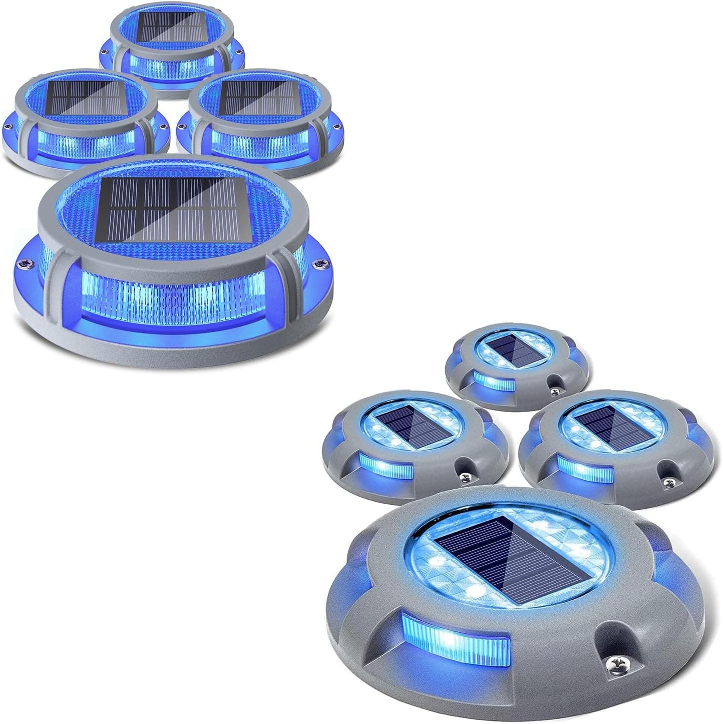 SIEDiNLAR SiedinlSolar Deck Lights Blue (4 Pack) and Solar Deck Lights 2 Color Modes Blue/Red (4 Pack)