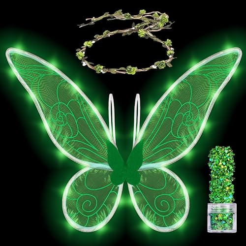 Funcredible Fairy Costume Accessories - Orange Light Up Fairy Wings and Flower Crown, Glitter
