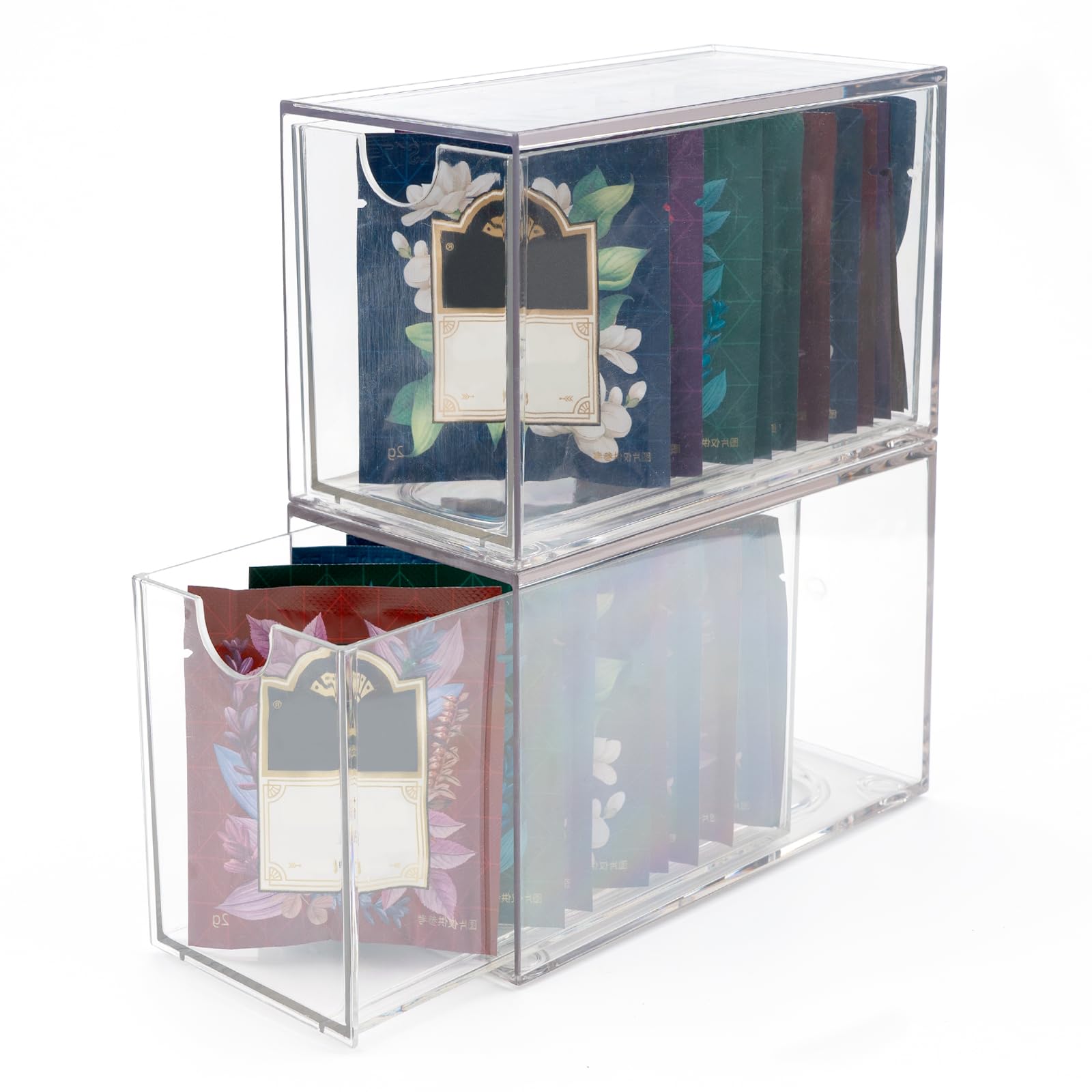 Mevtok 2 Pack Tea Bag Drawers Organizer, Clear Plastic Stackable Tea Bag Storage Holder for Kitchen - 3