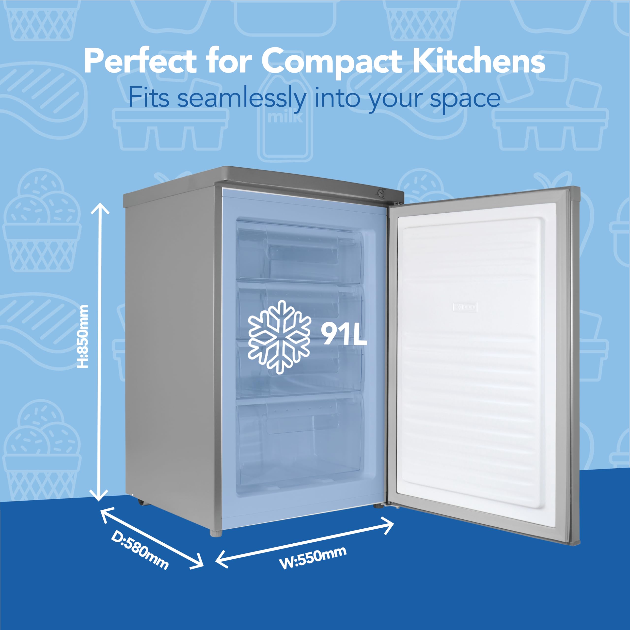 Igenix IG355X Freestanding Under Counter Freezer with 4 Large Drawers, Reversible Door, 91 Litre Freezer Capacity, 55 cm Wide, Inox — view 3