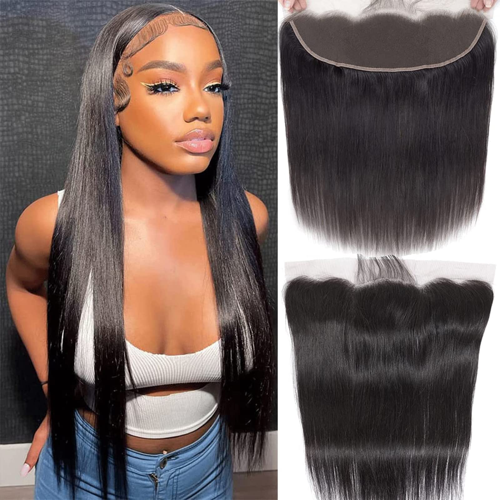 DUAUJUIU Lace Frontals 13x4 Straight HD Transparent Lace Frontal Closure Human Hair Pre Plucked with Natural Hairline Ear to Ear Natural Color Brazilian Hair for Women 16 Inch