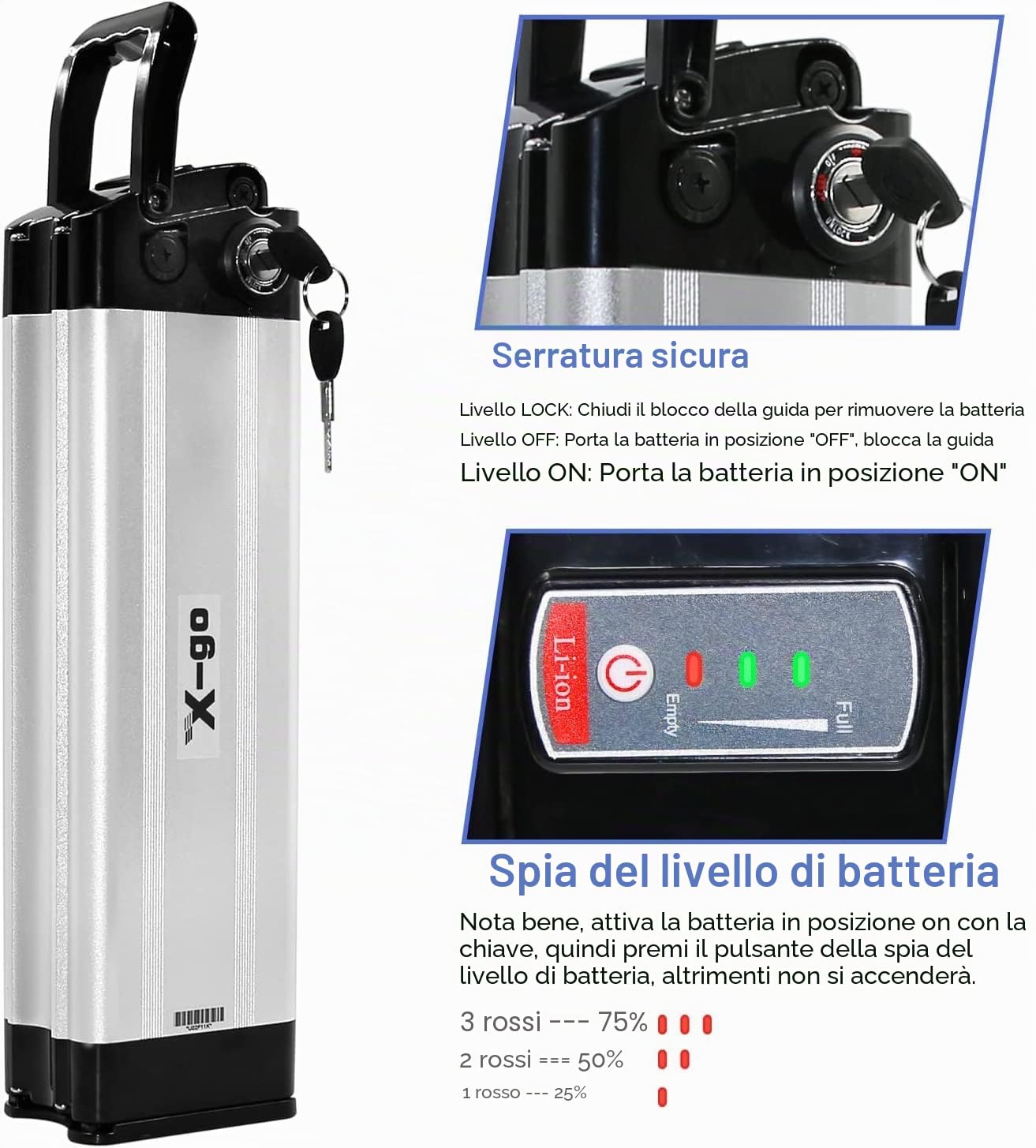X-go Batteria Ebike 48V 13AH 2 Pin con Caricatore e Cavo di Scarica 2 Pin per Motore 250W 350W 500W 750W, Batteria per Bici Elettrica