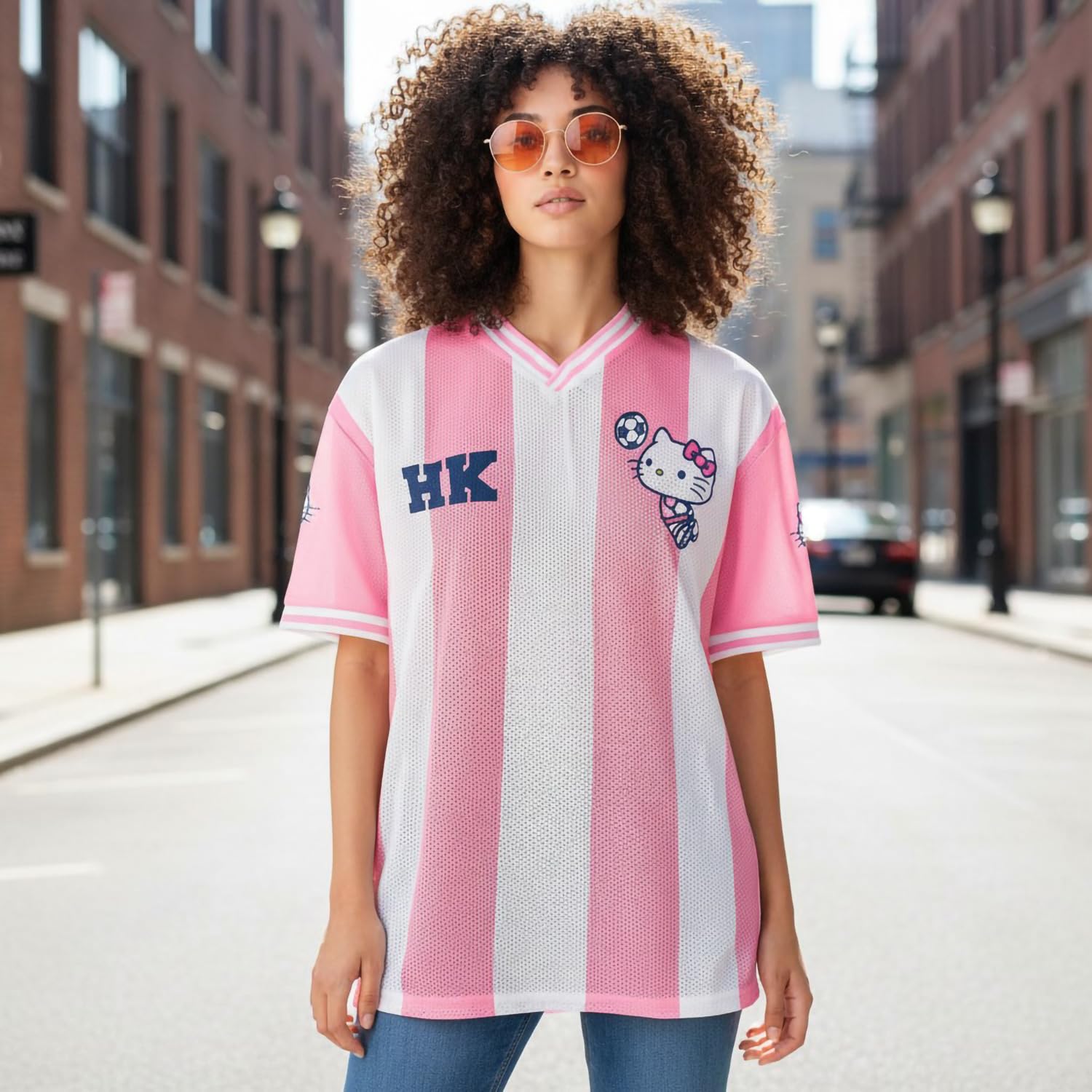 Oversized T-Shirt für Damen, Hello Kitty, Pink Team, offizielles T-Shirt im Hockey-Stil, perforiert, sportlich, lässig