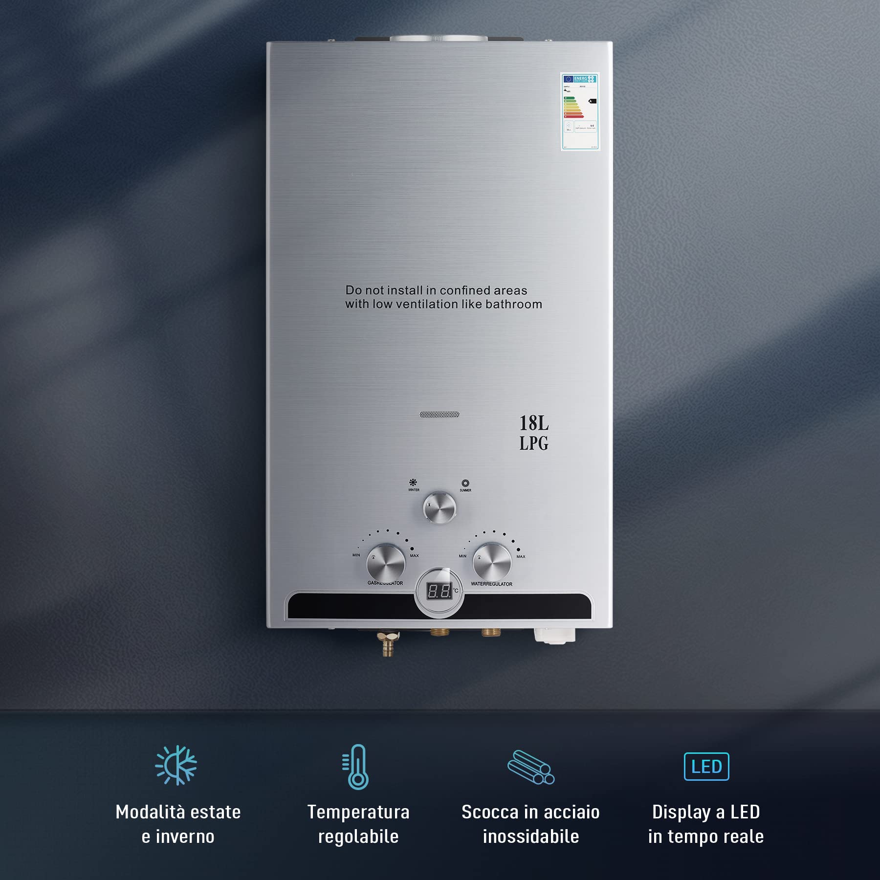 CO-Z Scaldabagno a Gas GPL 18L con Modalità Inverno ed Estate Caldaia a Gas GPL da 30.6 kW a Parete senza Serbatoio Scaldacqua Istantaneo Automatico con Anima in Rame e Display a LED (18L)