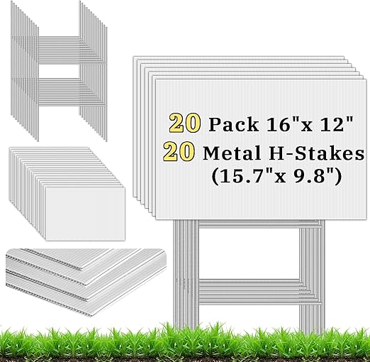 Blank Yard Signs with Stakes,20 Pack 16 x 12" White Yard Sign Corrugated Plastic for Yard Sale Signs Outdoor,Birthday Party,Garage Sale,Guidepost Decorations,Rent,Arrow