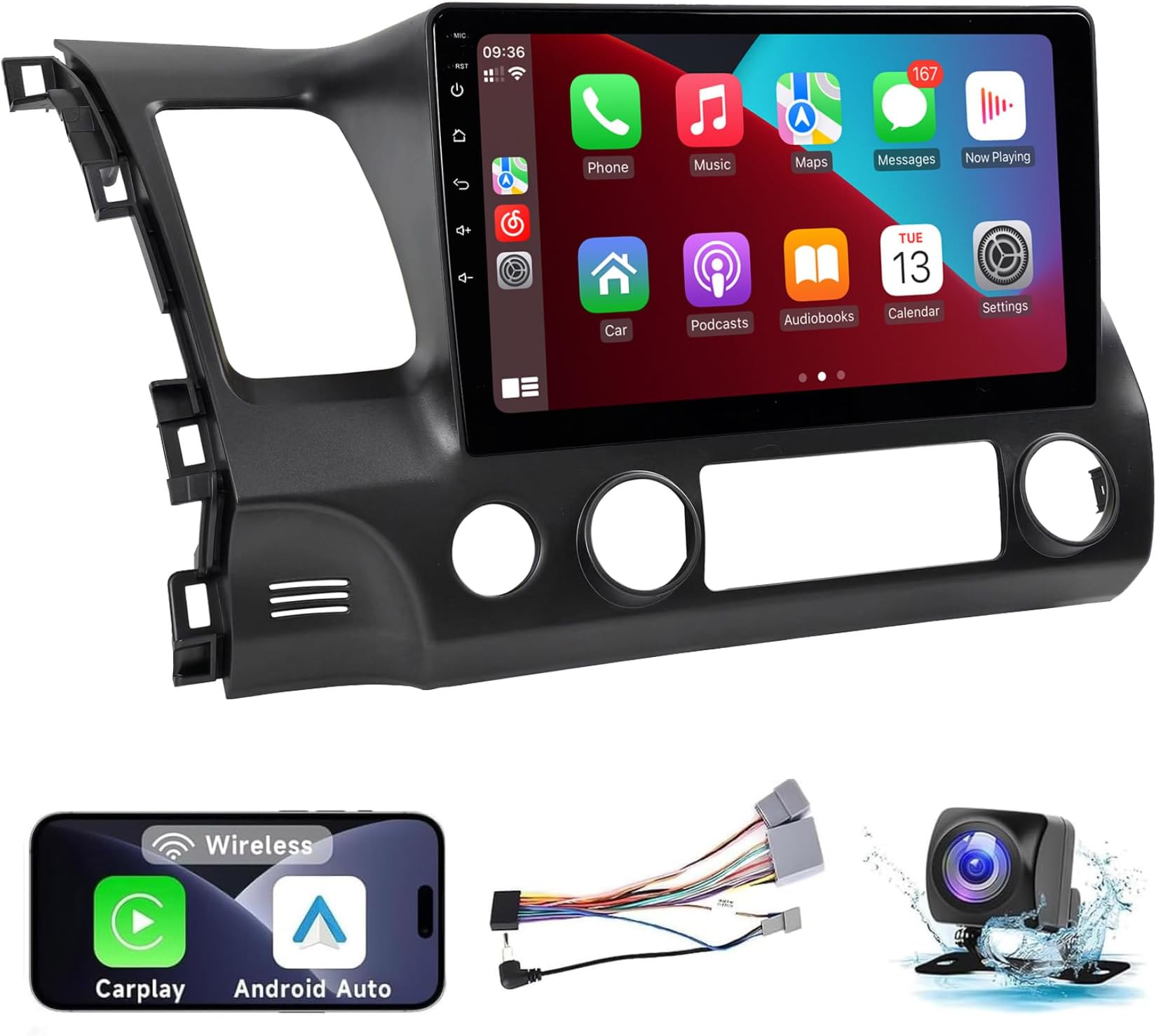 Leadfan Car Stereo Radio Support Wireless CarPlay & Android Auto for Honda Civic 2006 2007 2008 2009 2010 2011, 10.1 Inch Touch Screen Bluetooth Car Stereo with GPS Navigation WiFi Backup Camera