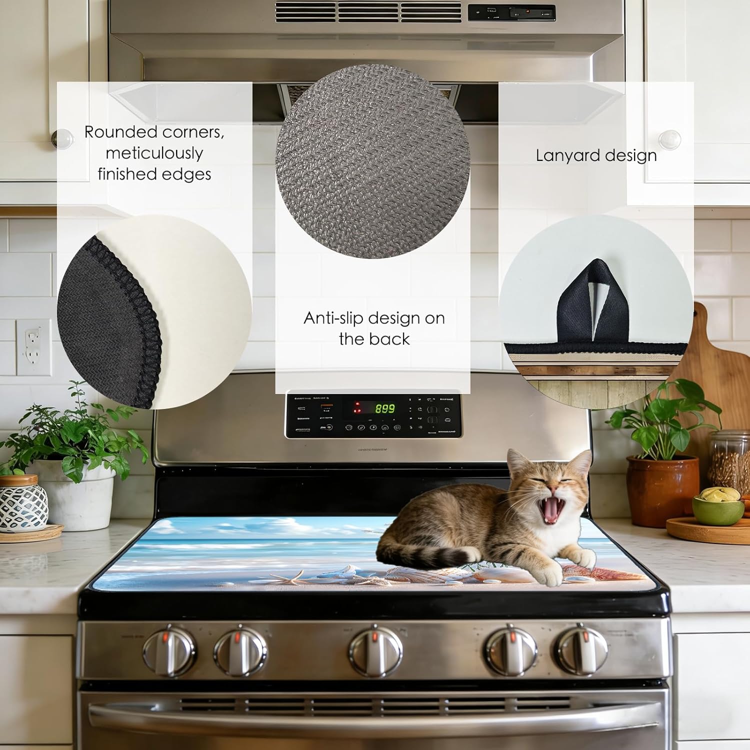 Nuxovilar Stove Top Cover - Beach Floral & Shell Decor Pattern, Polyester Diatomaceous Earth Mixture 28.65x20.47inch, Glass Stove Top Cover Protector, Kitchen Accessory, Kitchen, Coastal Space