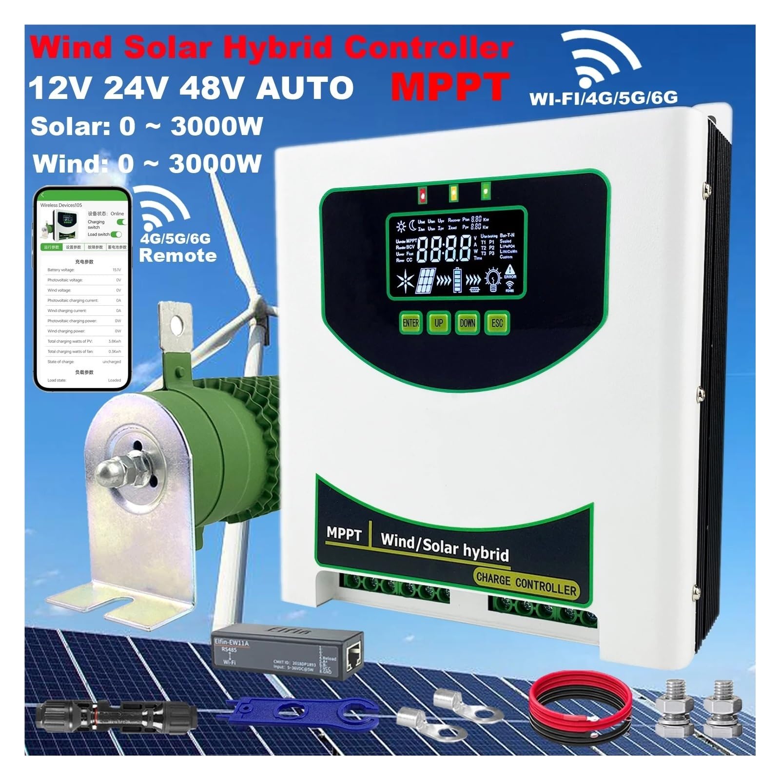 Regolatore Di Carica Ibrido Solare Eolico MPPT 12 24 48 V 80 A 120 A Con Display LCD E Monitor Wi-Fi For Batteria Al Litio Piombo-acido Lifepo4 Ampia Compatibilità(2000W 1500W,24V 48V AUTO)