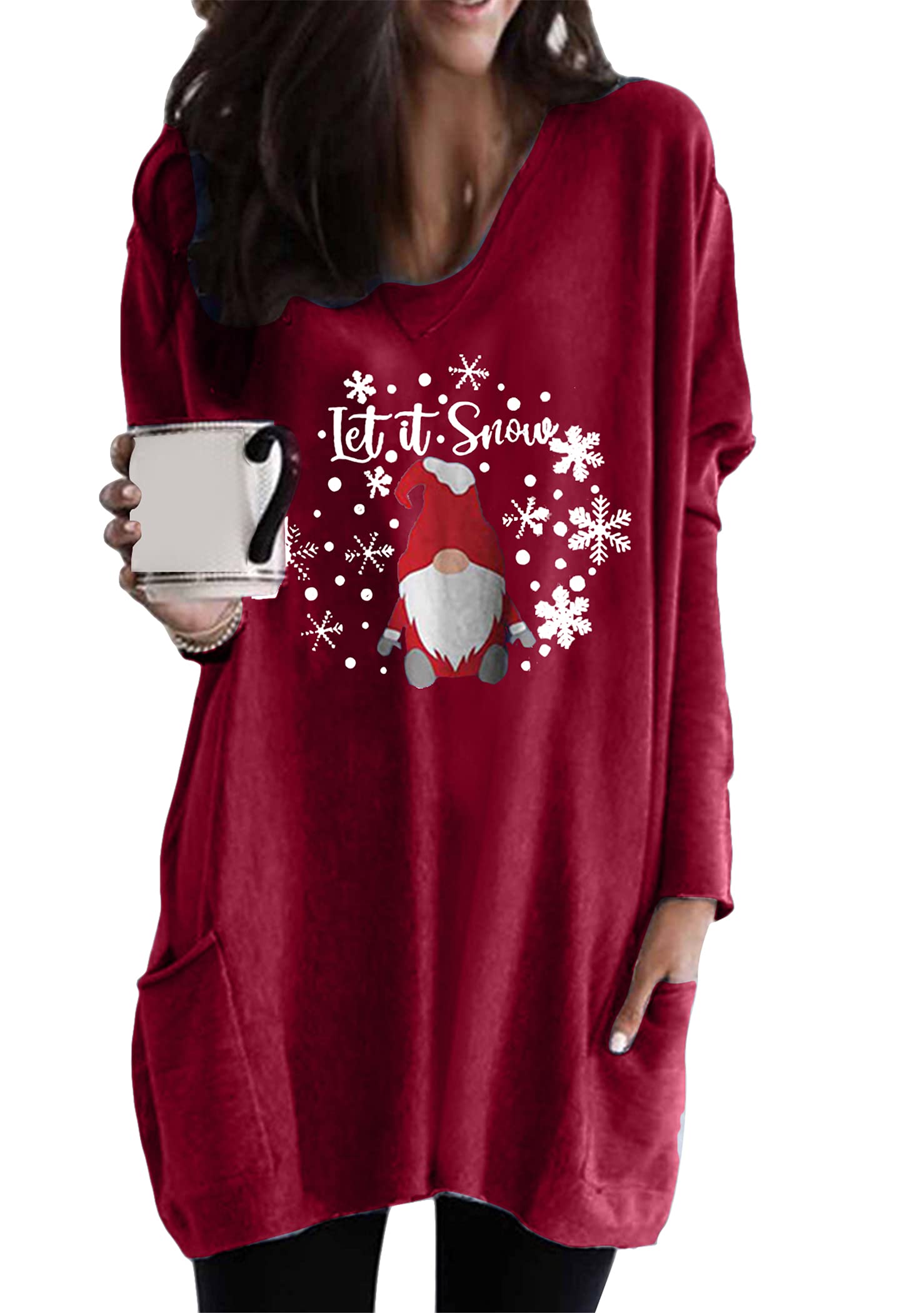 OMZIN Femme Noël Sweat-Shirt Manches Longues Pull De Noël avec Drôle De Tenue Imprimée Noël Pullover