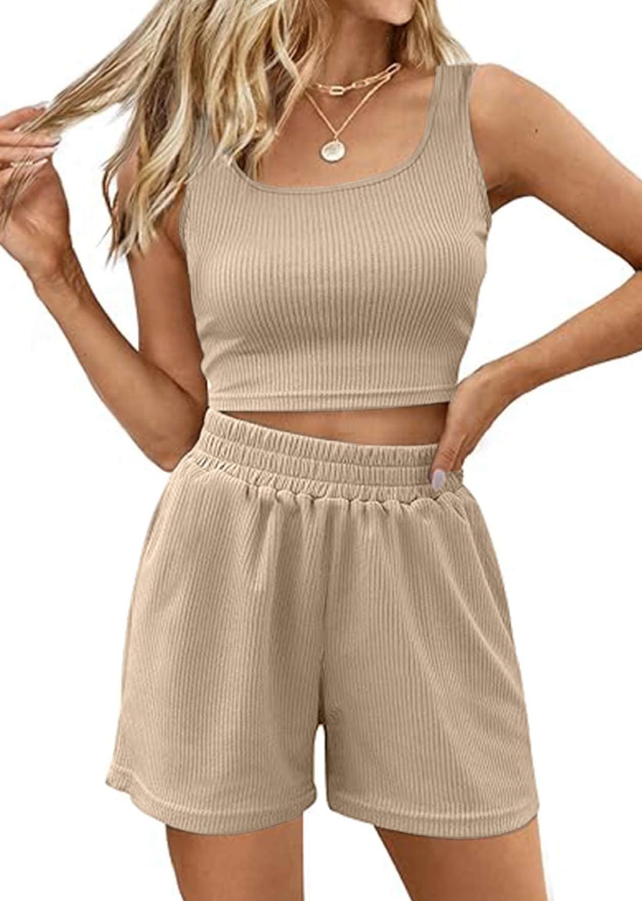CheChury Conjunto Verano Mujer Conjunto de 2 Piezas Chándal de 2 Piezas Verano Mujer Casual Tank Top Sin Mangas Camiseta y Pantalón Corto con Bolsillos Cómodo Moda Color Sólido para Vacaciones Playa