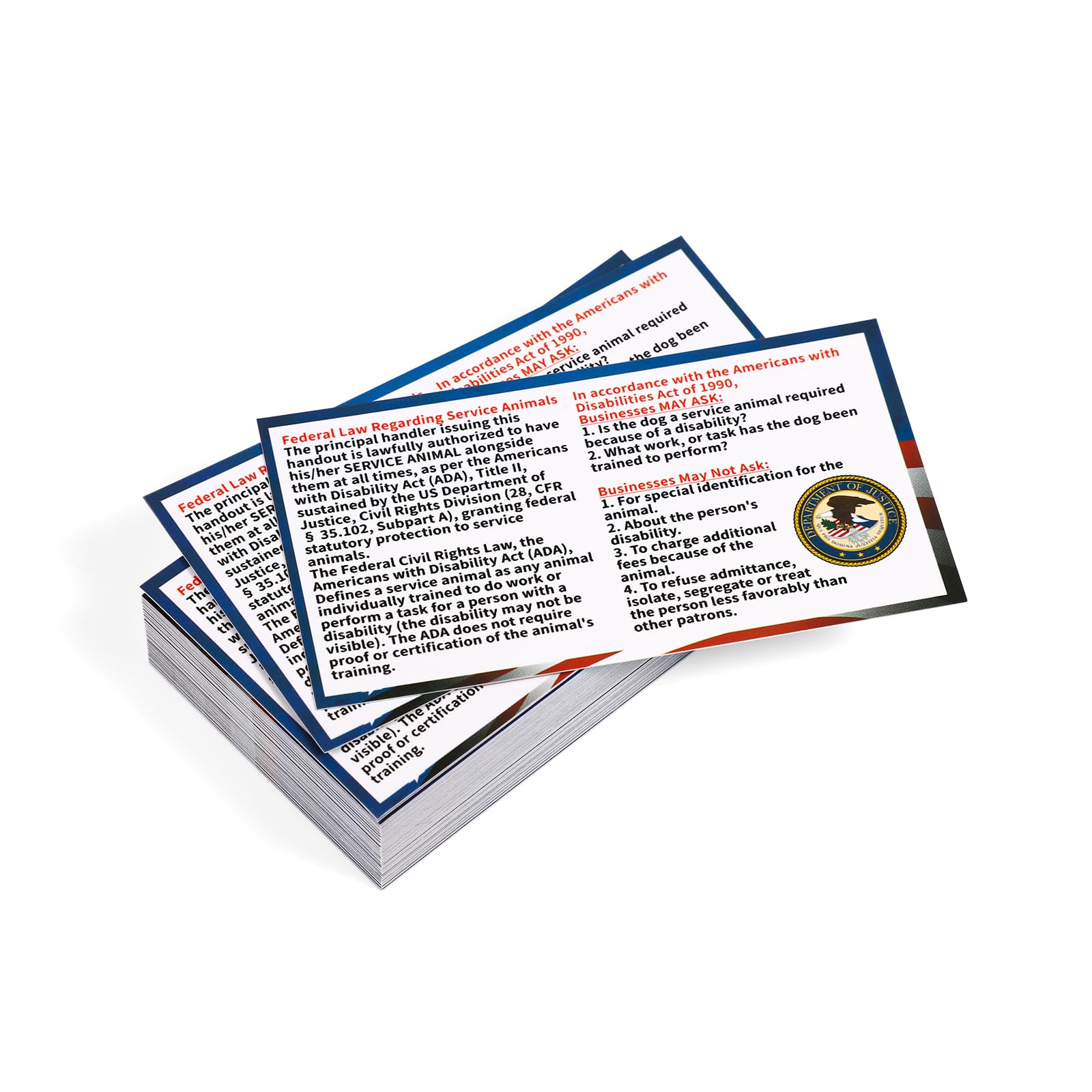 50pcs Service Dog Law Cards, ADA Service Animal Id Badge Gear Stuff Information Cards Tag Registration Certificate Print on Both Sides States Handler's Legal Rights to Uninformed Business Personnel