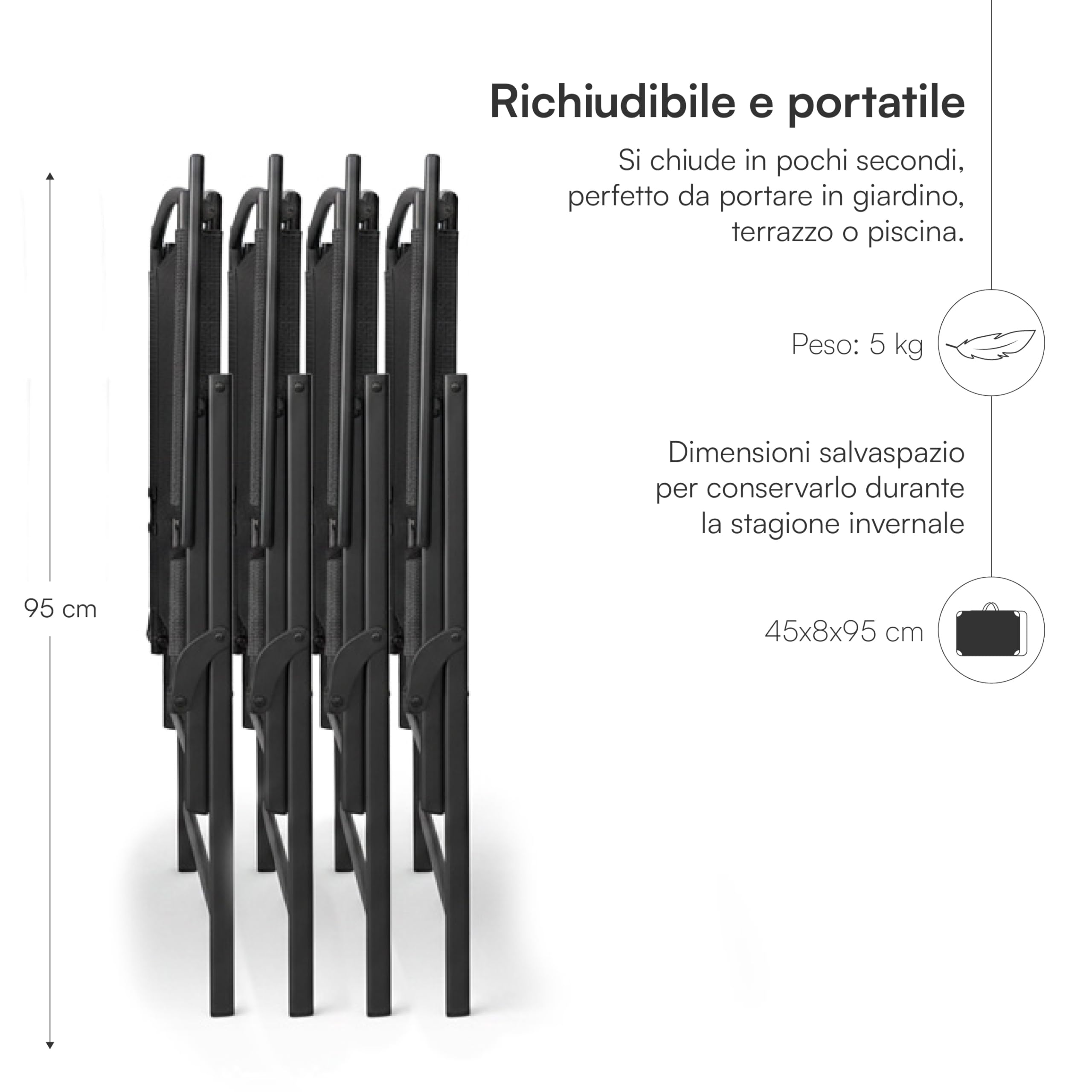 Baroni Home Lot de 4 chaises de jardin pliantes avec accoudoirs, chaises d'extérieur pliables et peu encombrantes, tissu respirant et imperméable, idéales pour terrasse, balcon et jardin (4, noir)
