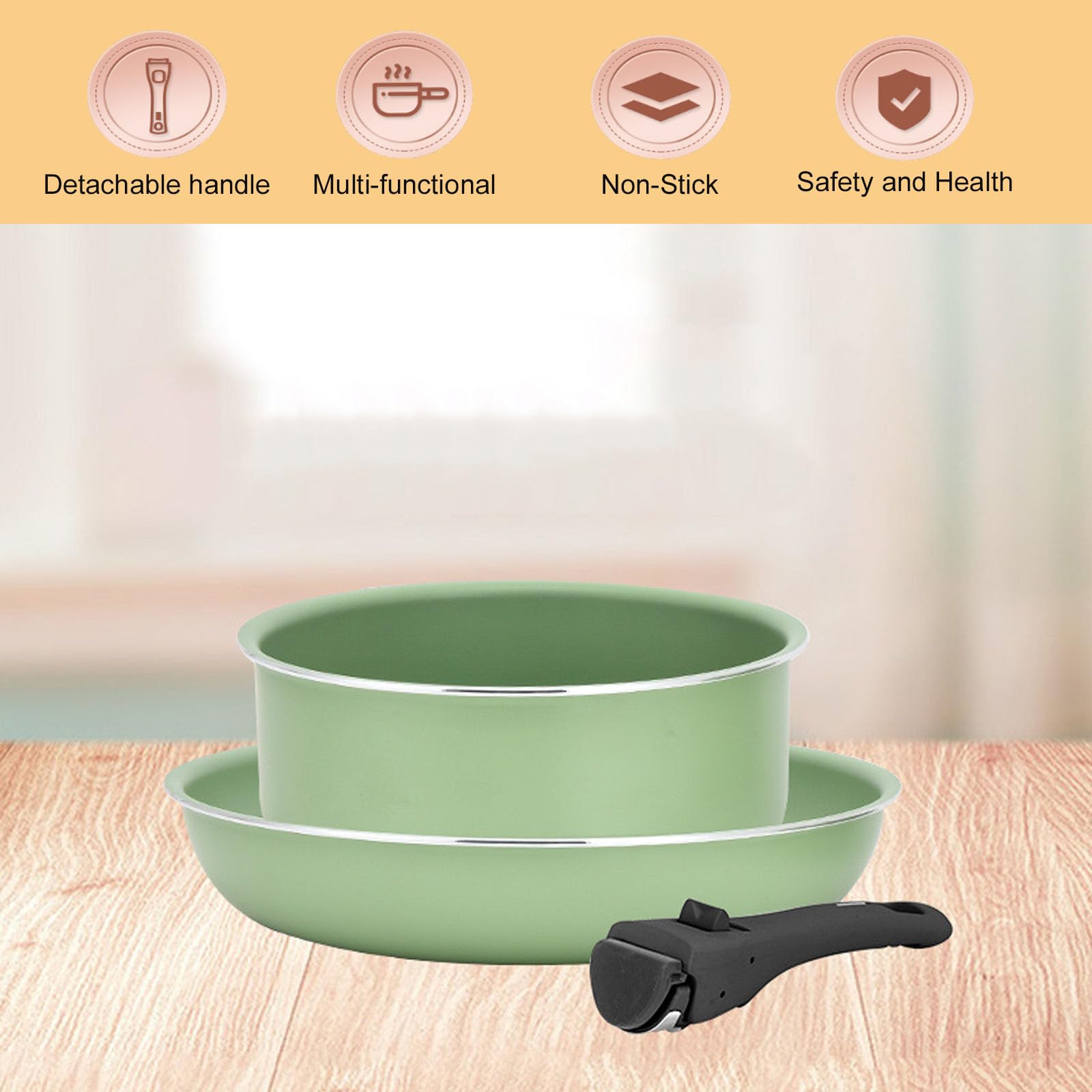 Set di pentole e padelle con manico staccabile, set di 3 pentole da cucina antiaderenti per tutti i fornelli, set di pentole impilabili per campeggio, lavabili in lavastoviglie, verde
