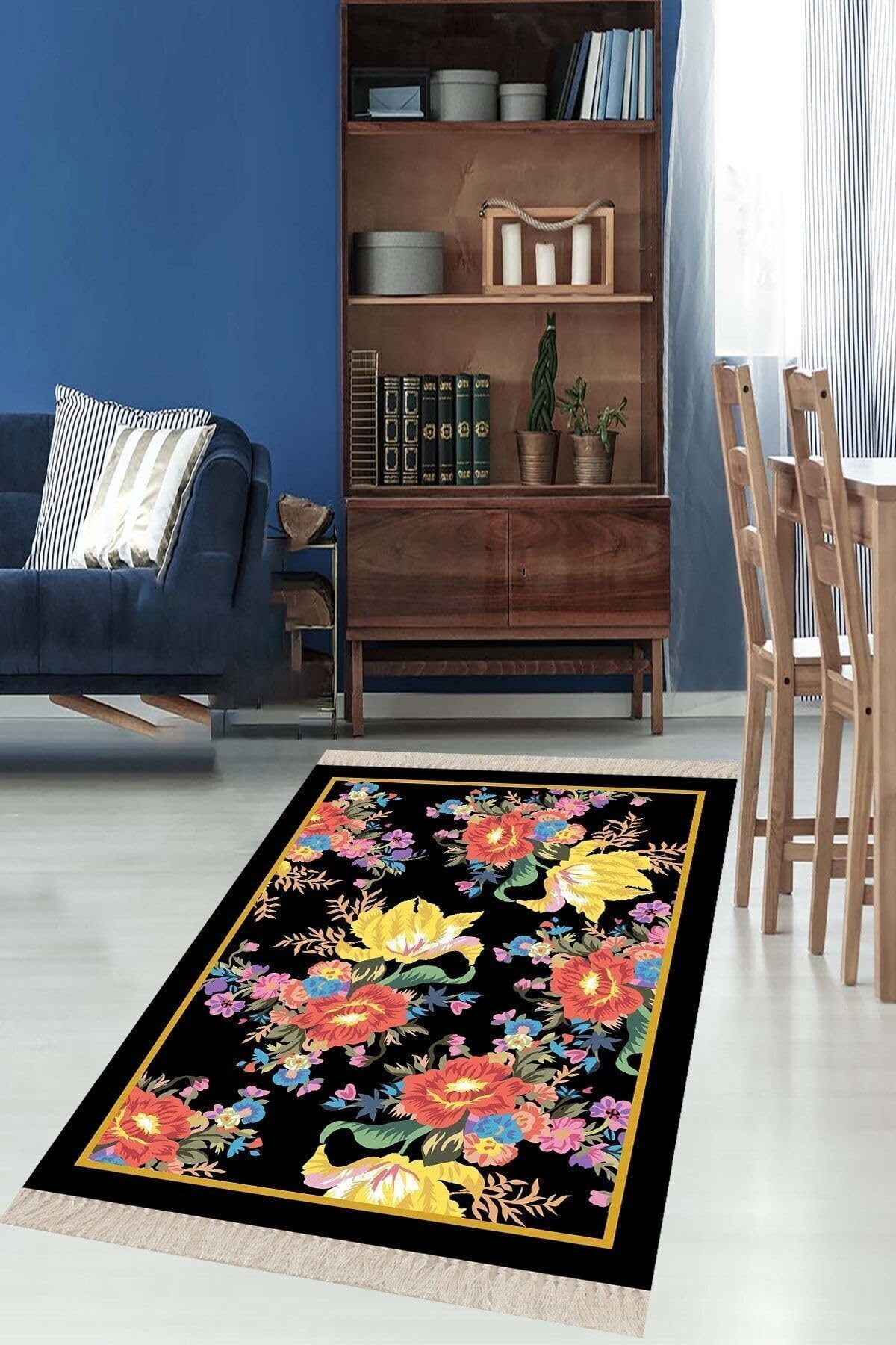 Pelangi Çiçek Desenli Dijital Baskı Yıkanabilir Kaymaz Taban Modern Salon Halısı ve Yolluk, Siyah 180 x 280