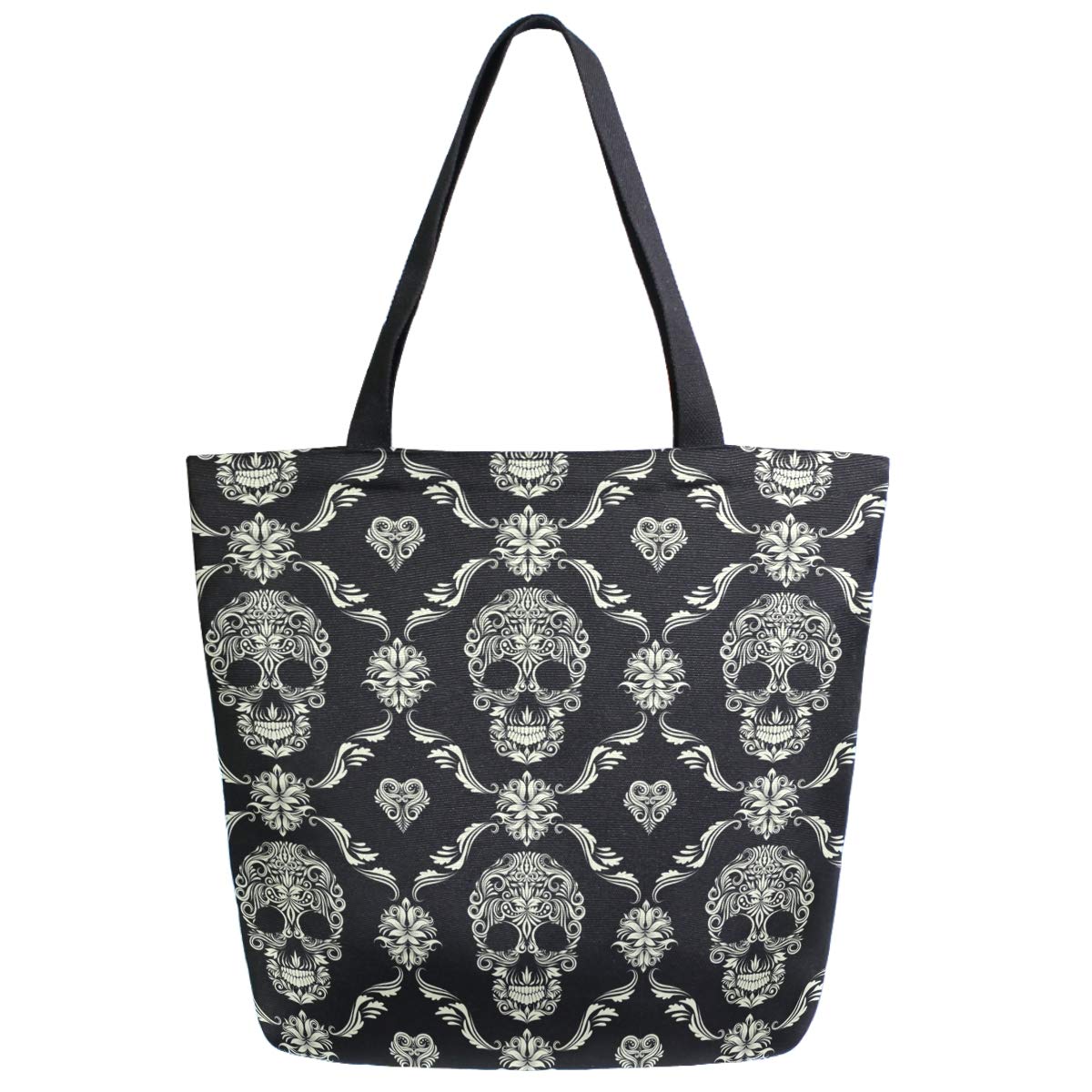 ZzWwR Chic Extra Large Shoulder Grocery Tote Bag, Chic Skull Ornamental Vintage Pattern Canvas Reusable Handle Bags for Men Women Gym Weekender Picnic